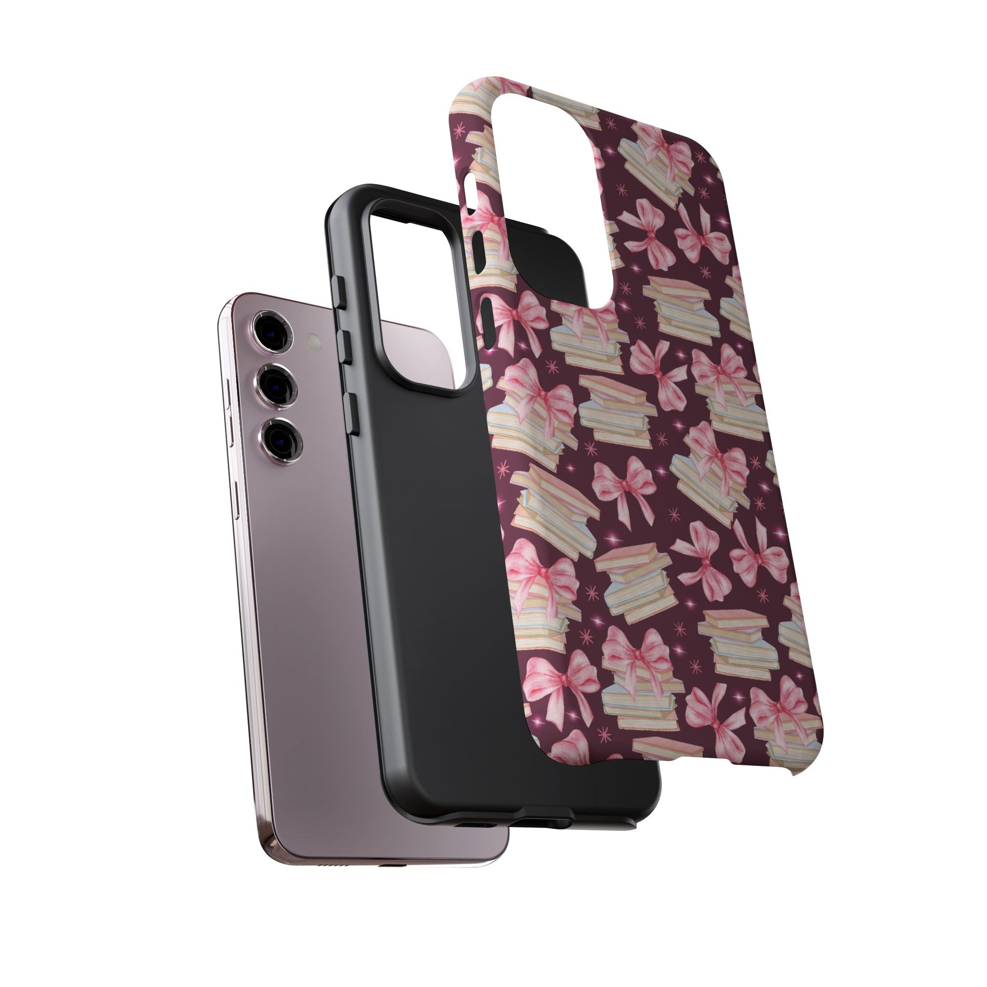 Coquette Pink Bows & Books Phone Case for iPhone 17 and Samsung, Pixel | Stylish Protective Cover Gift for Her Perfect for Floral Lover