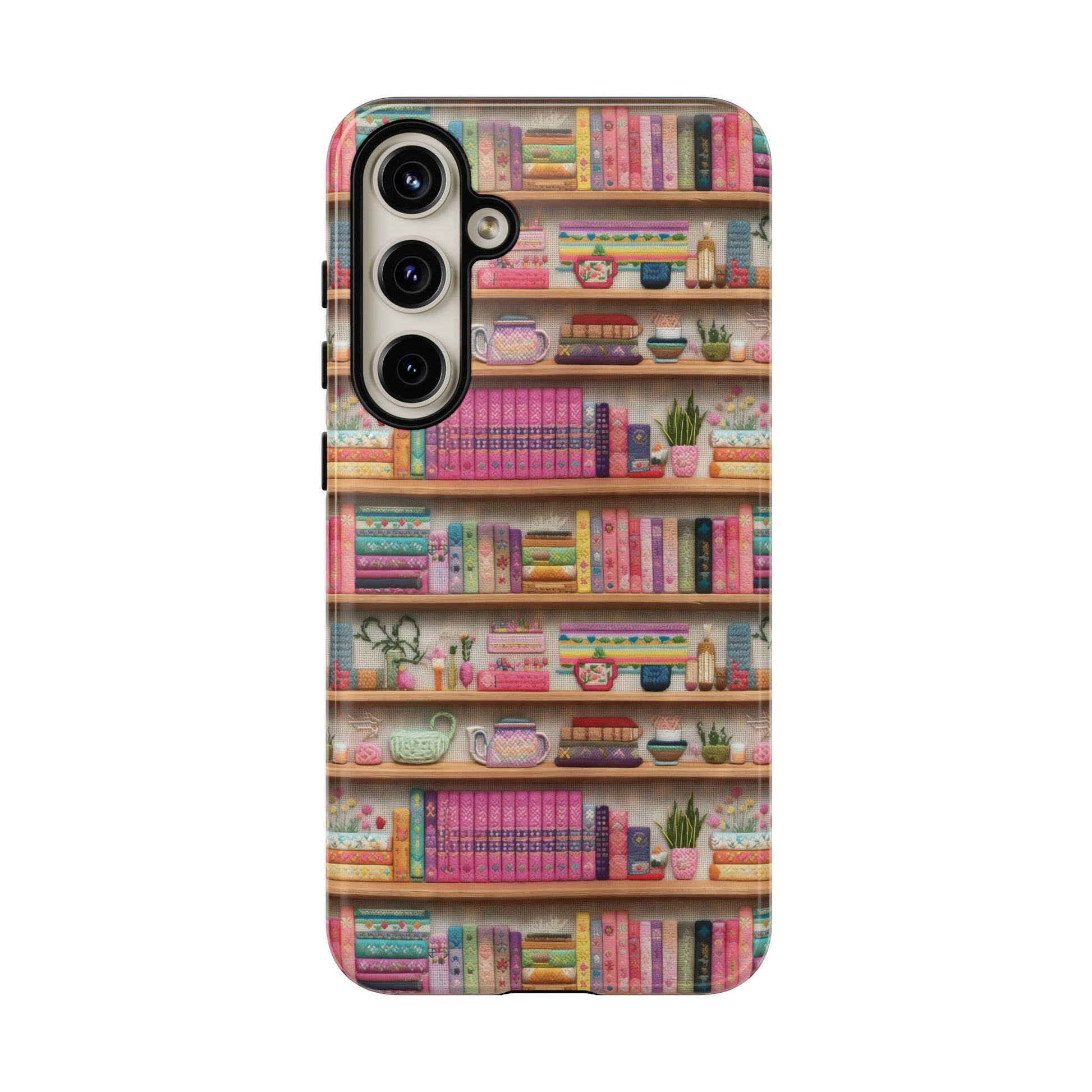 Whimsical 3D Embroidery Illusion Books on Pastel Shelves Phone Case for iPhone, Samsung & Pixel: Unique Accessory for Literary Enthusiasts Gift for Her Perfect for Floral Lover