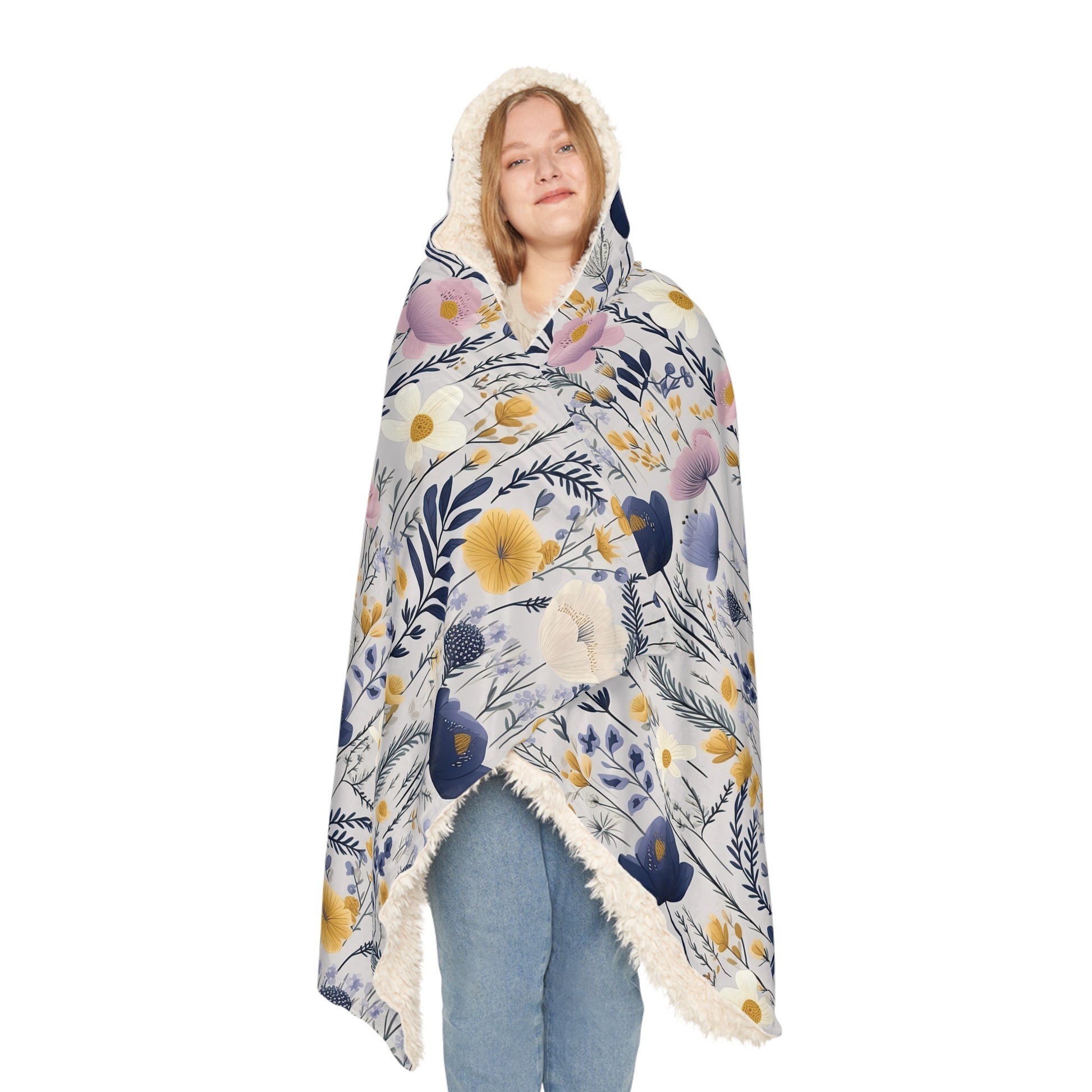 Blue & Yellow Floral Hooded Blanket – 3D Illusion Cozy Throw, Soft Sherpa Gift for Her, Warm Winter Blanket for Couch or Bed Gift Idea