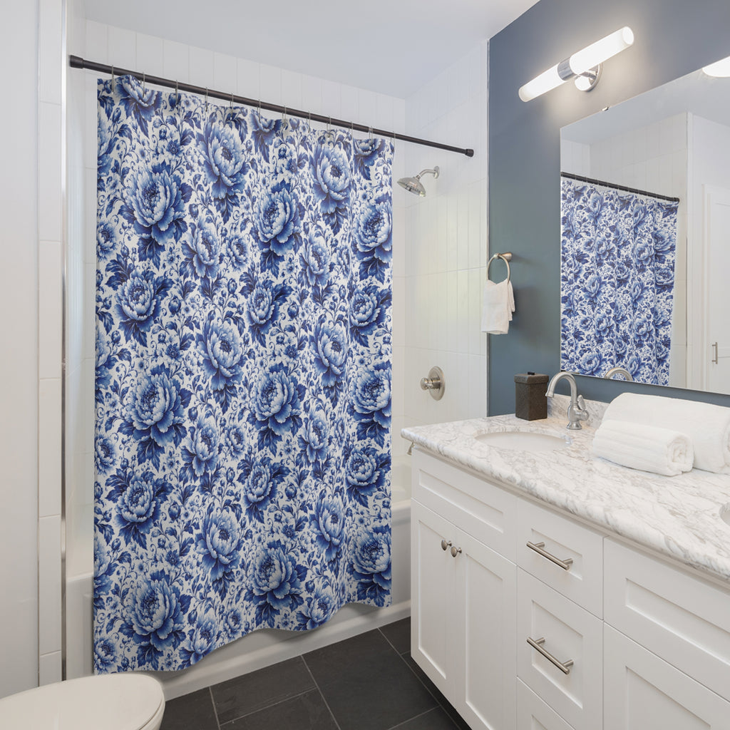 Blue & White Chinoiserie Peony Floral Shower Curtain | Luxury Botanical Bathroom Decor