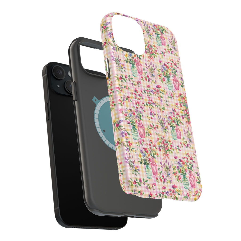 Turquoise & Pink Floral Checker Phone Case — Magnetic Impact-Resistant