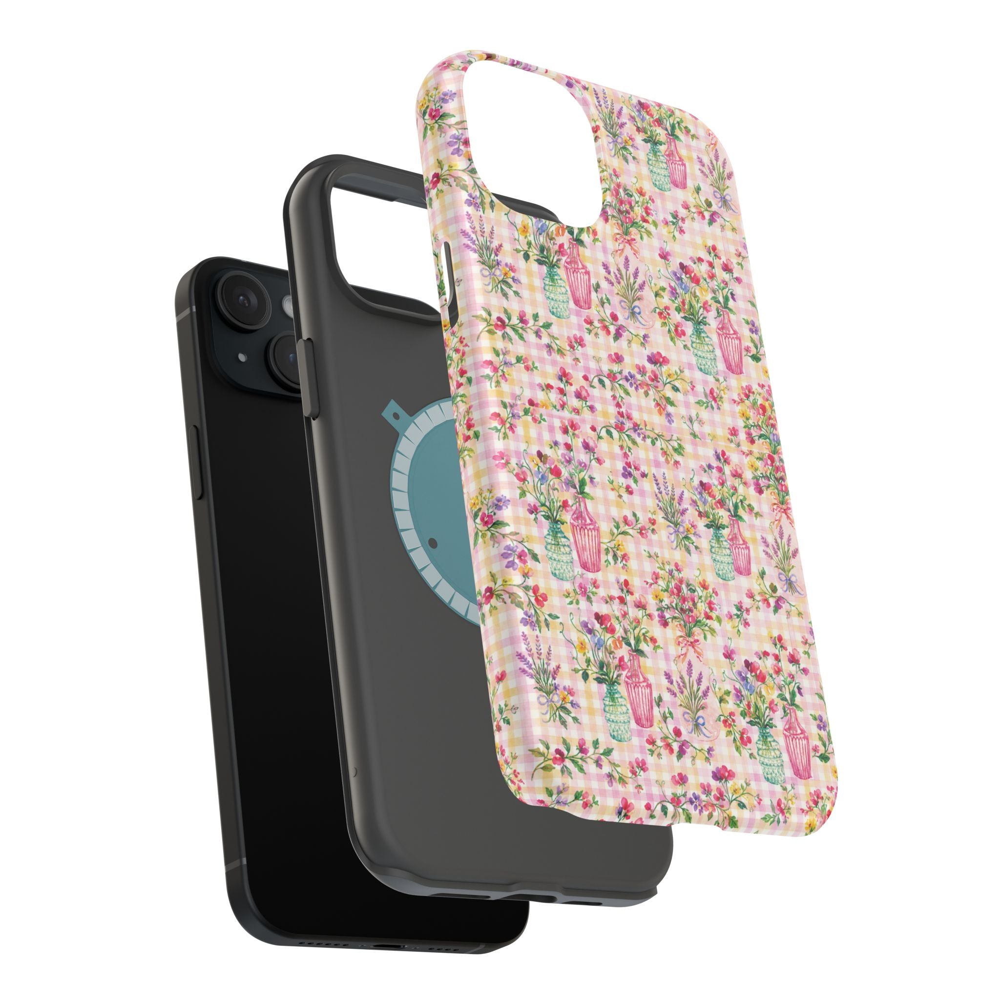 Turquoise & Pink Floral Checker Phone Case — Magnetic Impact-Resistant