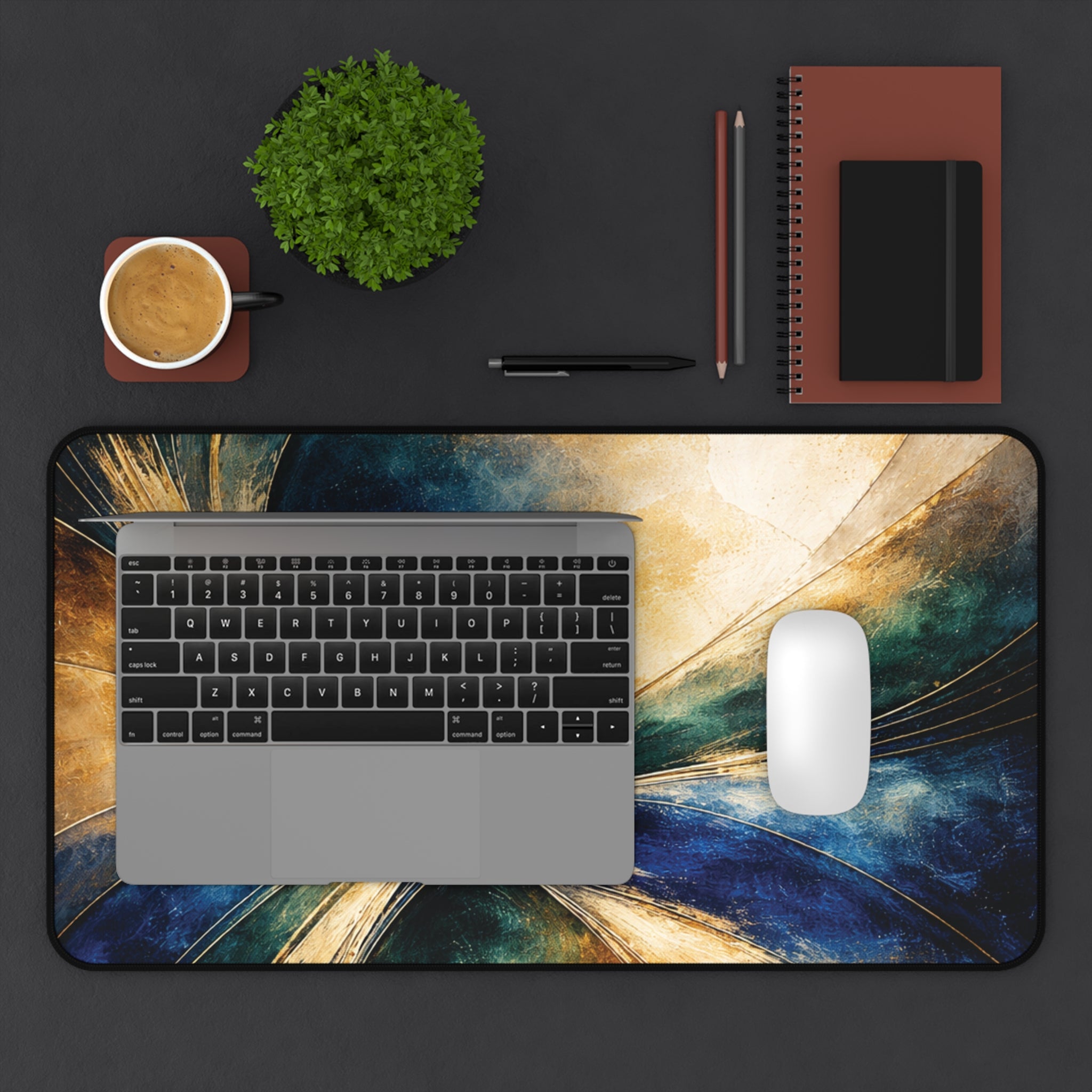 Gilded Convergence Blue & Gold NeoDeco Desk Mat — Luxury Office Desk Mat