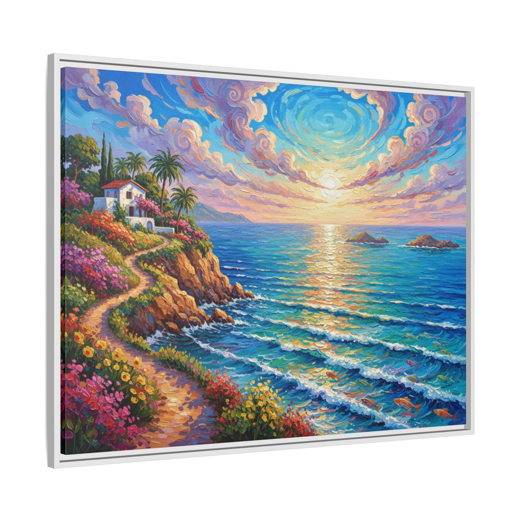 Toile imprimée florale océanique | Décoration murale colorée et lumineuse de paysage marin, œuvre d'art de bureau encadrée et mate
