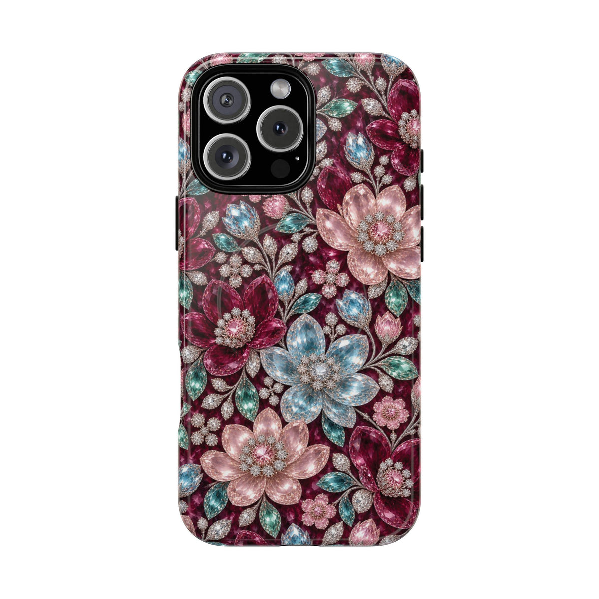 Floral faux Jewel Phone Case Sparkling Burgundy Flower Tough Magnetic Case 18 iPhone