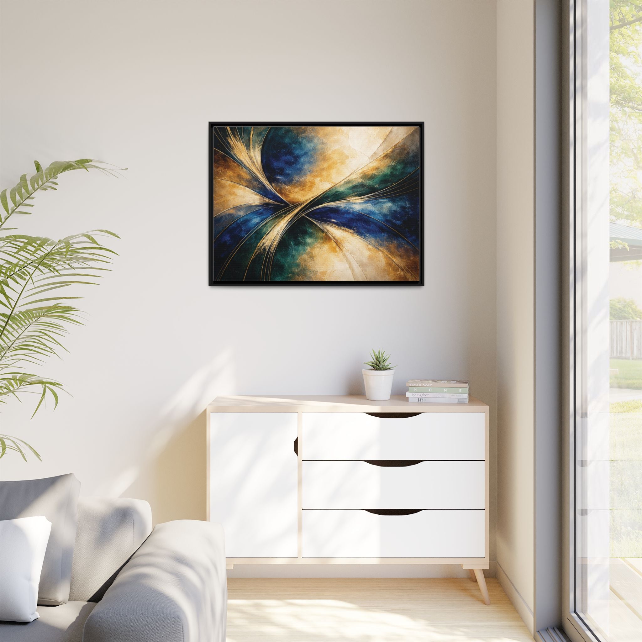 Gilded Convergence  Luxe NeoDeco Blue & Gold Abstract Wall Art Framed