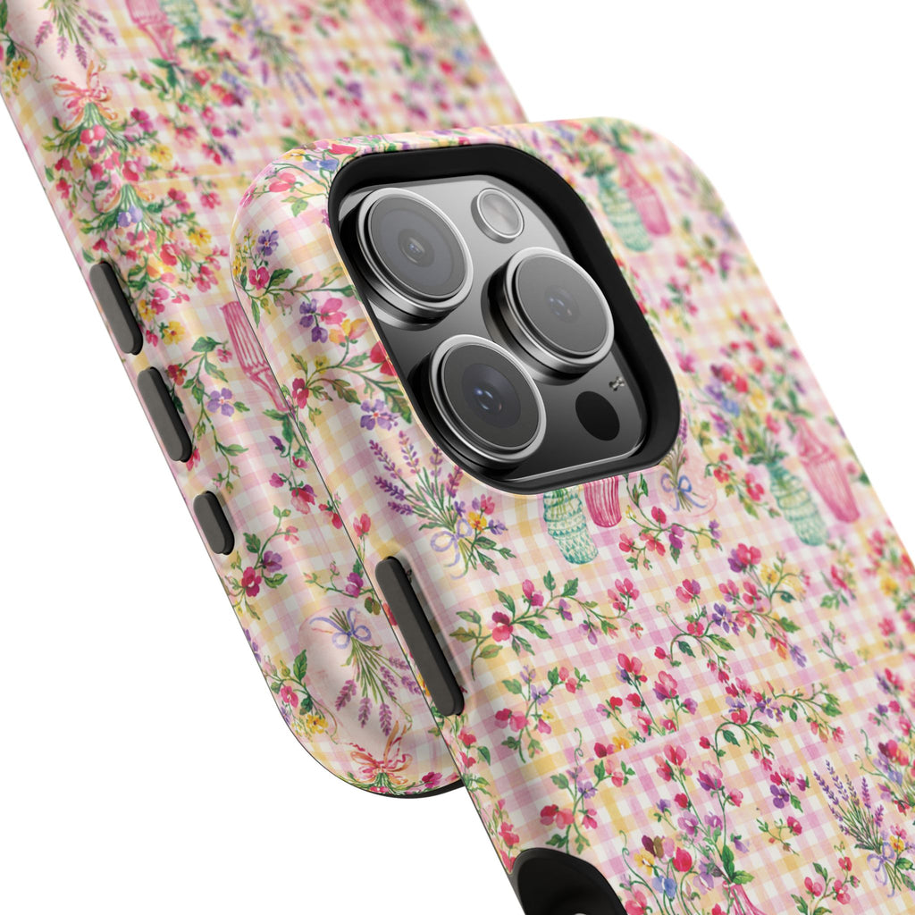 Turquoise & Pink Floral Checker Phone Case — Magnetic Impact-Resistant