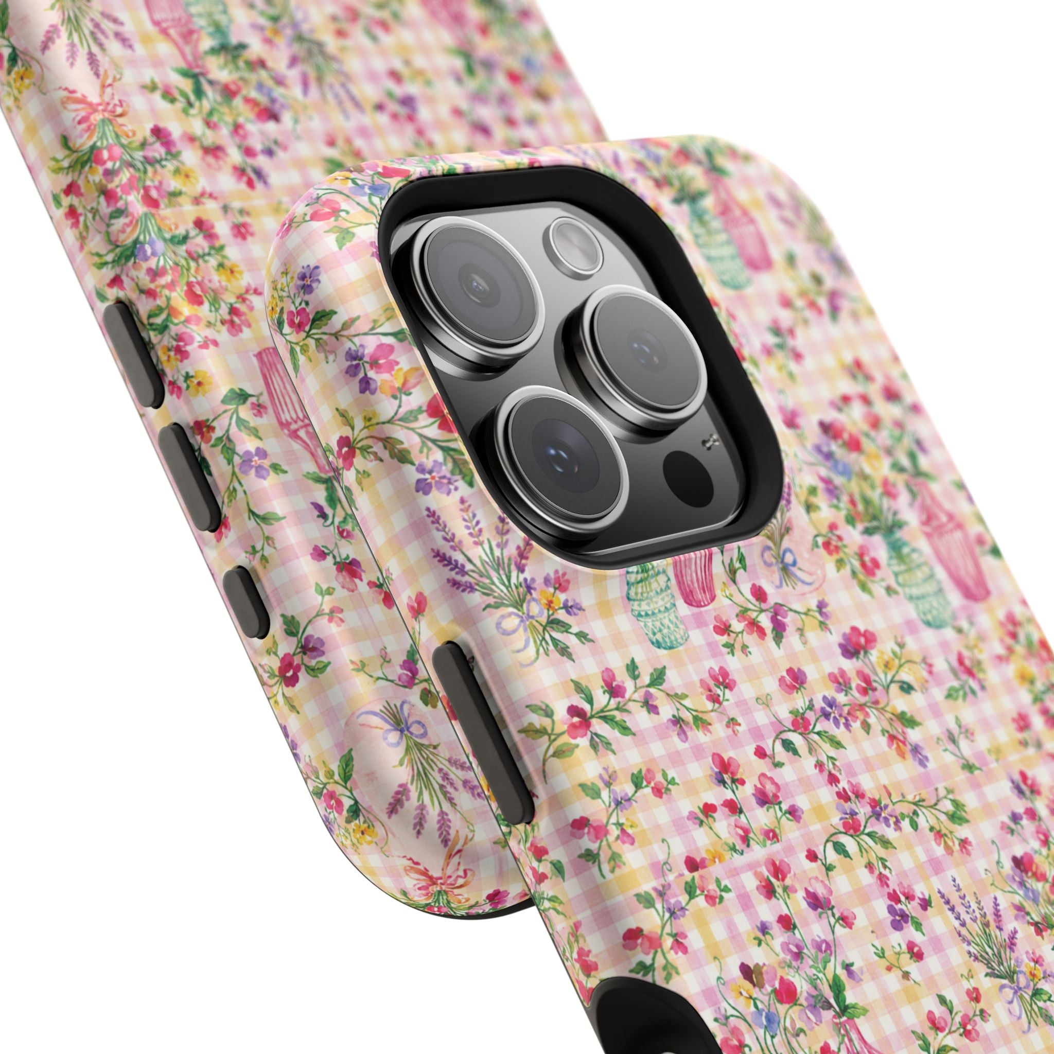 Turquoise & Pink Floral Checker Phone Case — Magnetic Impact-Resistant