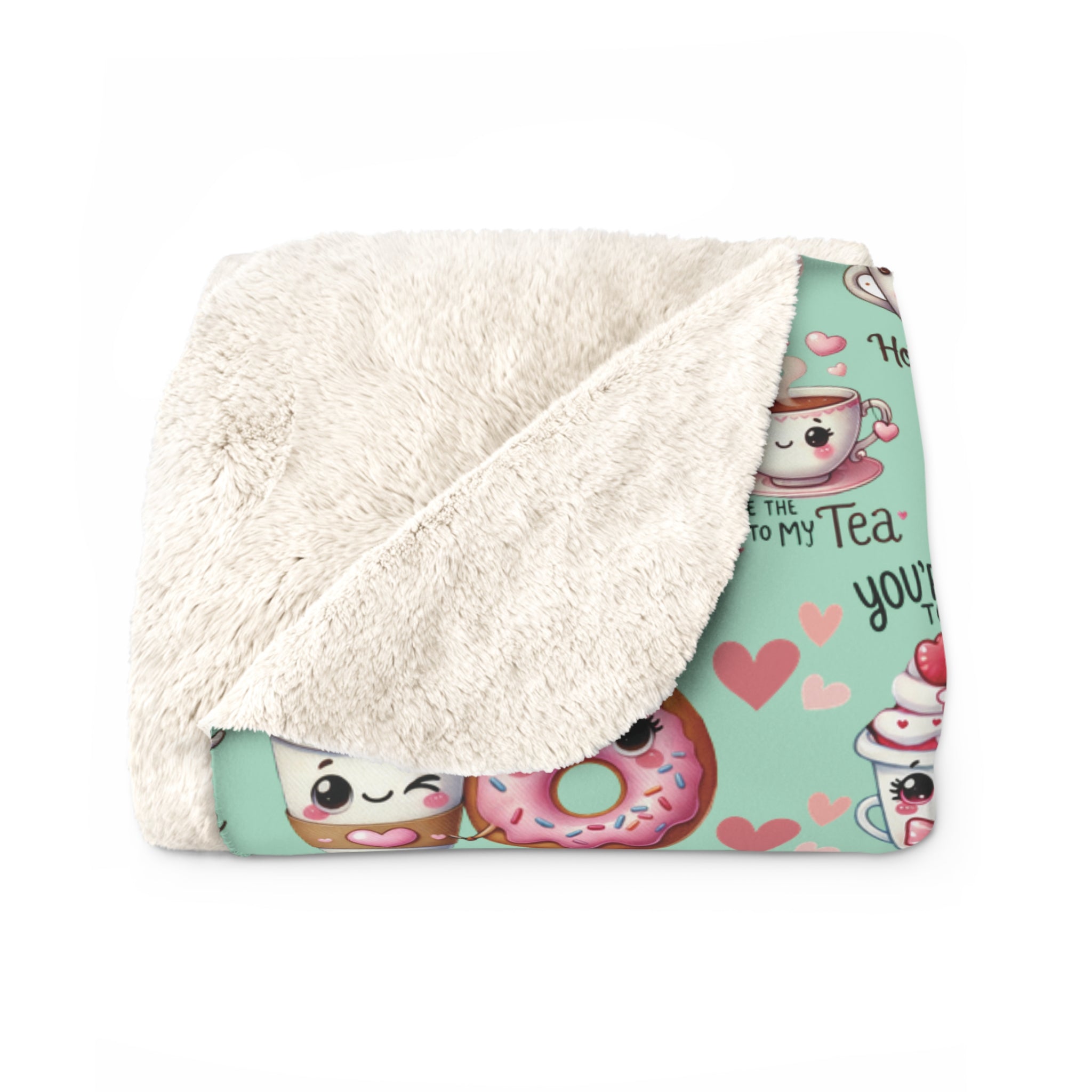 Couverture en polaire Sherpa : blottissez-vous avec le charme Kawaii et ses adorables beignets-cafés – « You're My Cream to My Coffee ». Parfait pour des moments douillets et pour offrir.