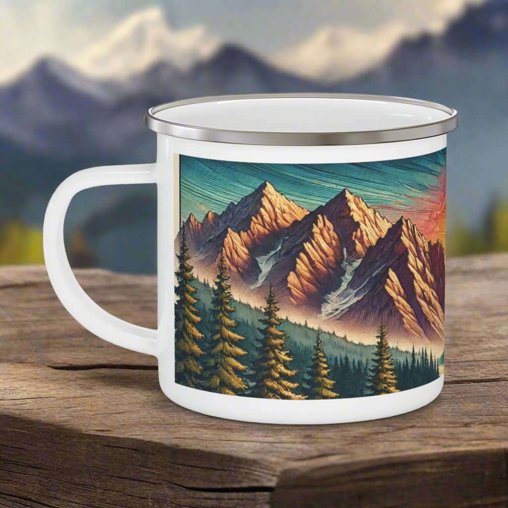 12oz Enamel Camping Mug Sunset Over Mountain & Pine Trees Design | Perfect for Camping, Coffee, Hot Chocolate | Durable, Lightweight Mug for Outdoor Adventures  Gifts Christmas - MRSBYVALLE