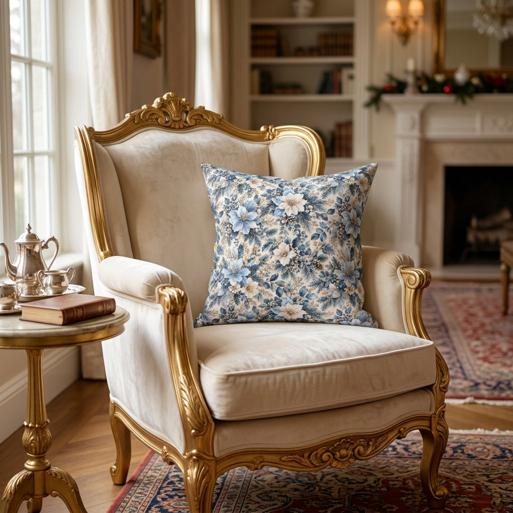 A square decorative throw pillow featuring a dense floral and botanical pattern in shades of blue, beige, and white on a light cream background.