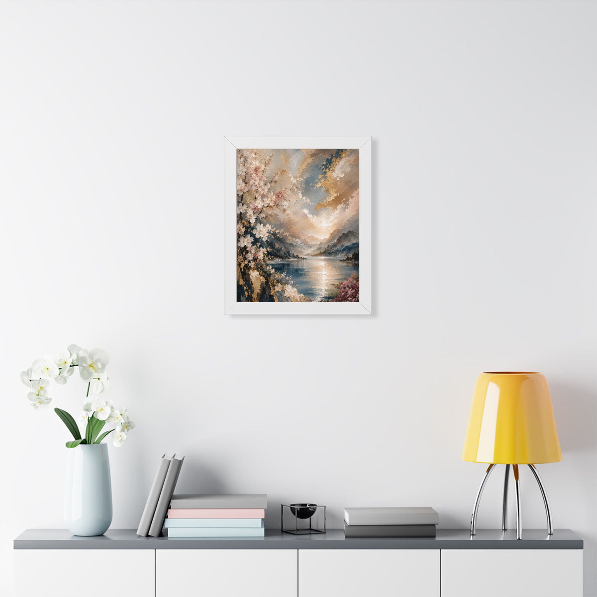 Sunlit Mountain Lake framed vertical poster | floral shoreline landscape