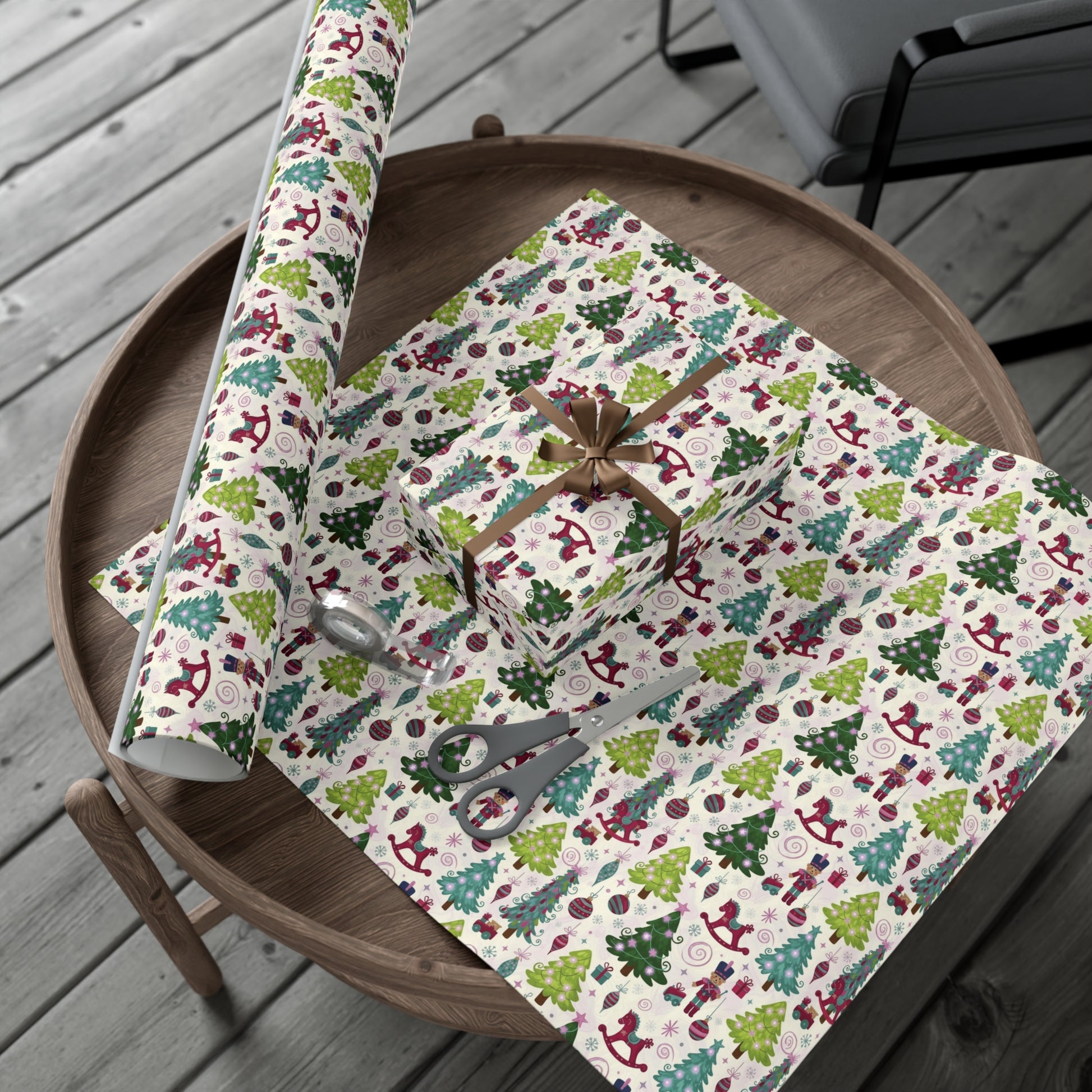 Festive Christmas wrapping paper with toys, trees & holiday icons. Available in 3 sizes—perfect for gifts, parties & seasonal décor.