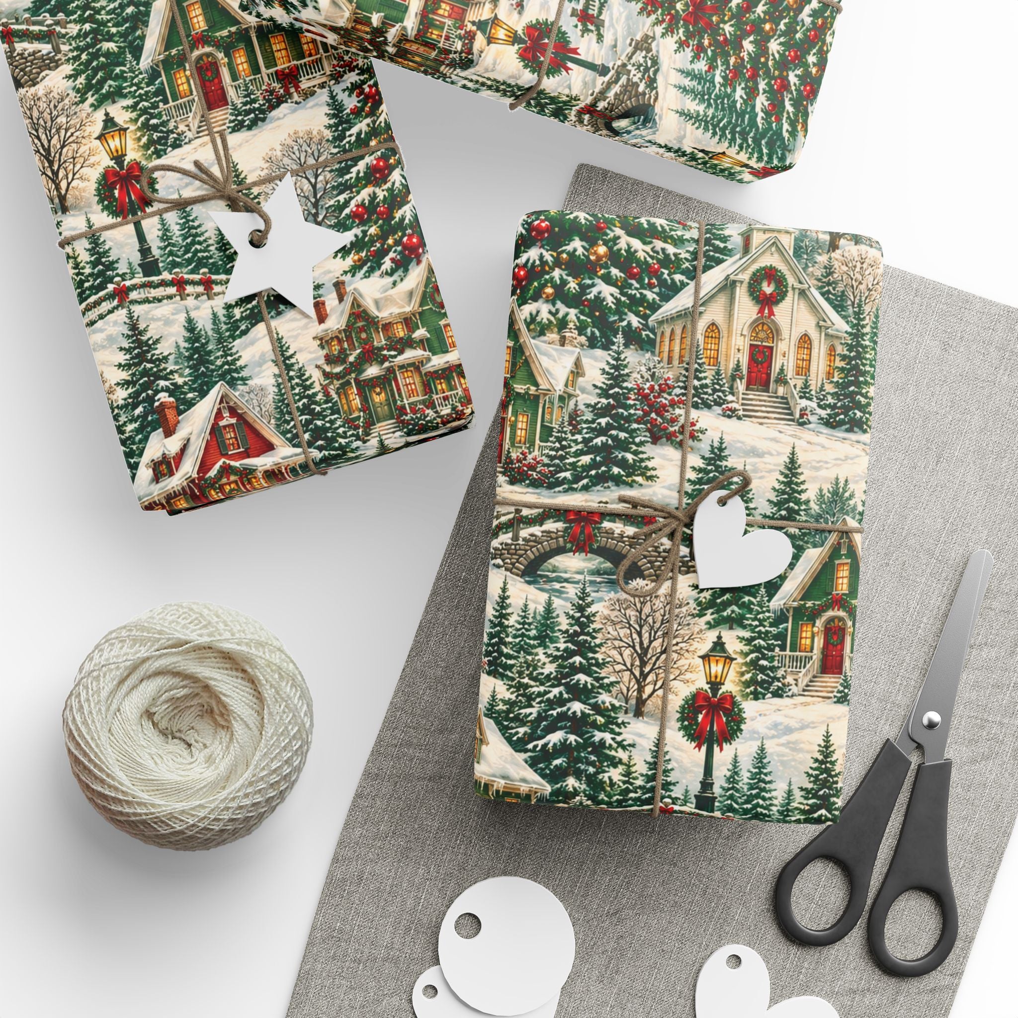 Vintage Christmas Village Gift Wrap Snowy Church & Cottage Wrapping Paper Rustic Holiday Present Wrap