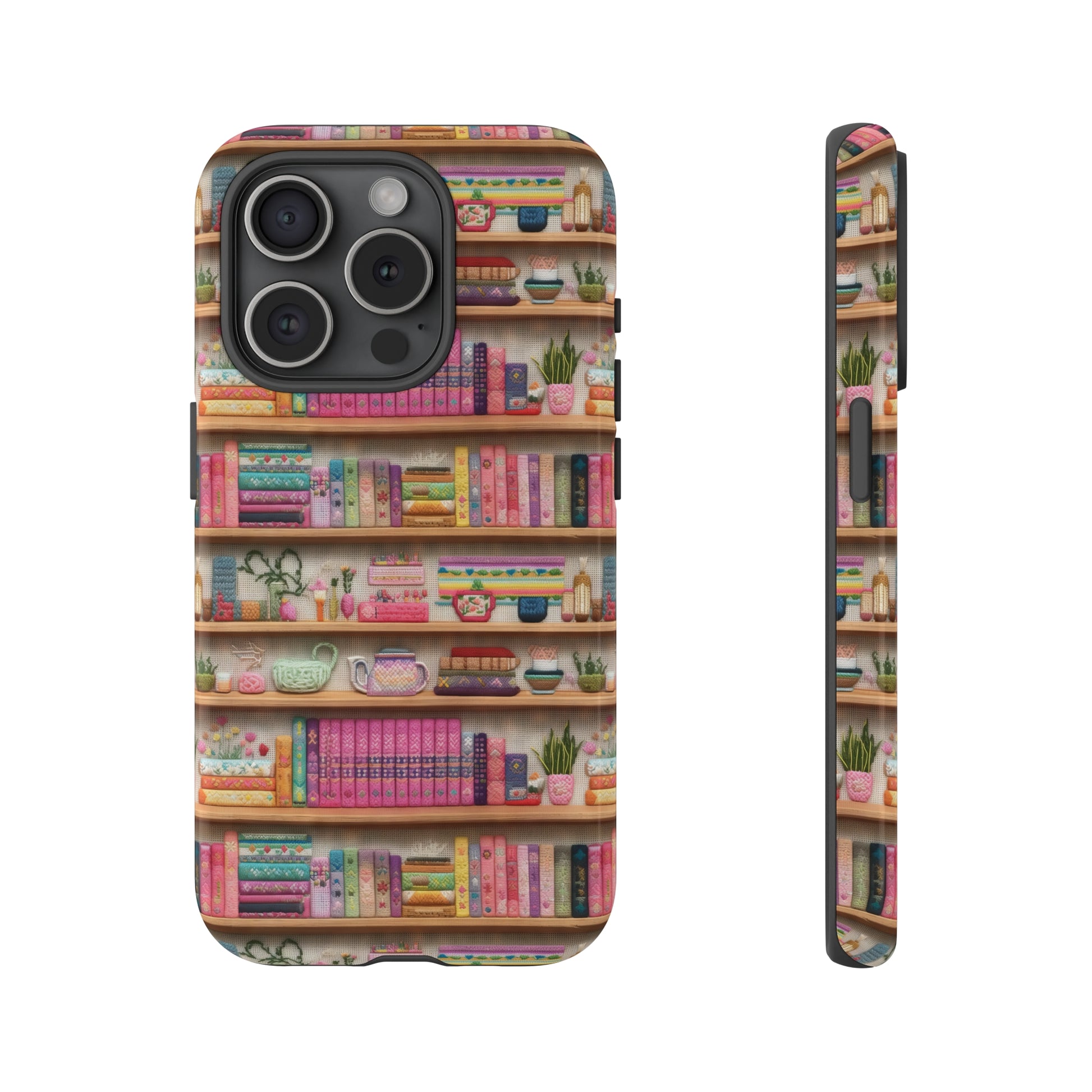 Phone Case 3D Illusion Books & Shelf Embroidery Design with Vibrant Colors Gift for Her Phone 15, Samsung iPhone Samsung Gift for Her Case iPhone 15, Samsung iPhone Samsung Accessory Gift for Her.