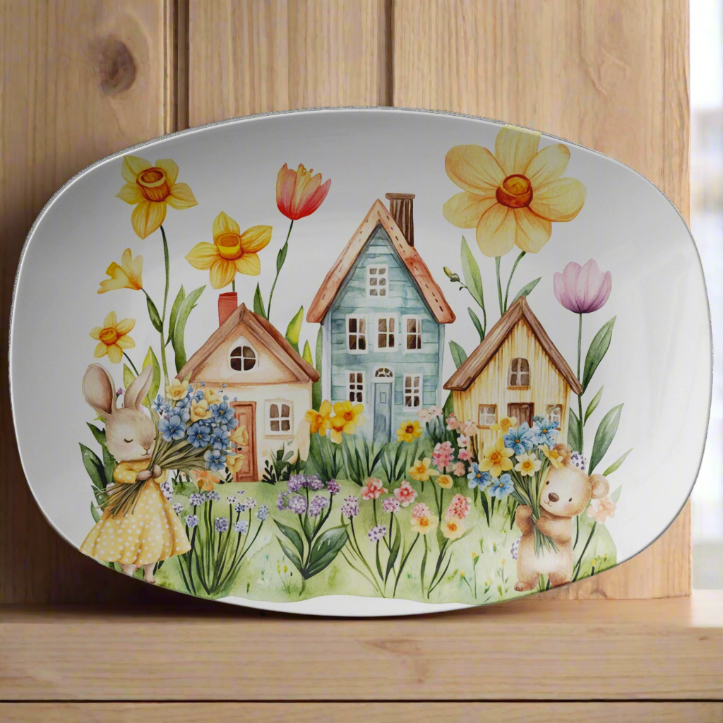 10x14 Platter, Farmhouse Watercolor Cat & Bear, Rustic Home Decor, Country Kitchen Serveware, Cottagecore Aesthetic, Gift for Animal Lovers, Durable & Stylish