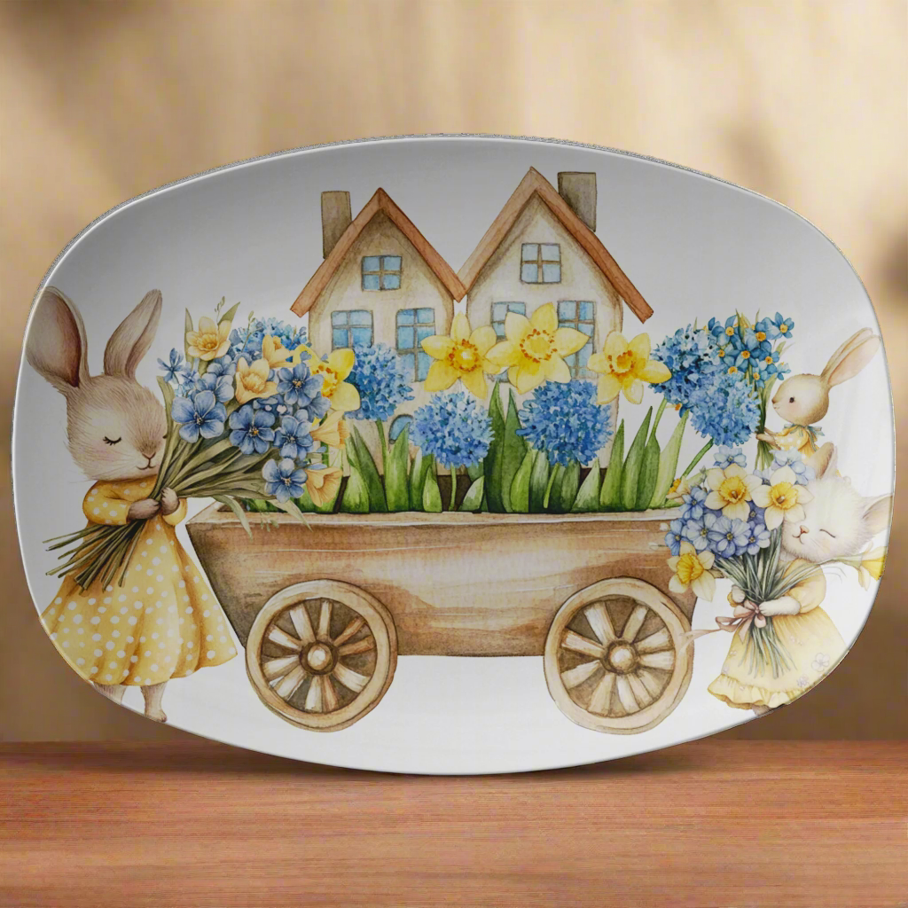 10x14 Platter, Watercolor Flowers Cute Bunnies & Cat, Cottagecore Serveware, Rustic Farmhouse Decor, Easter Tableware, Animal Lover Gift, Durable & Elegant