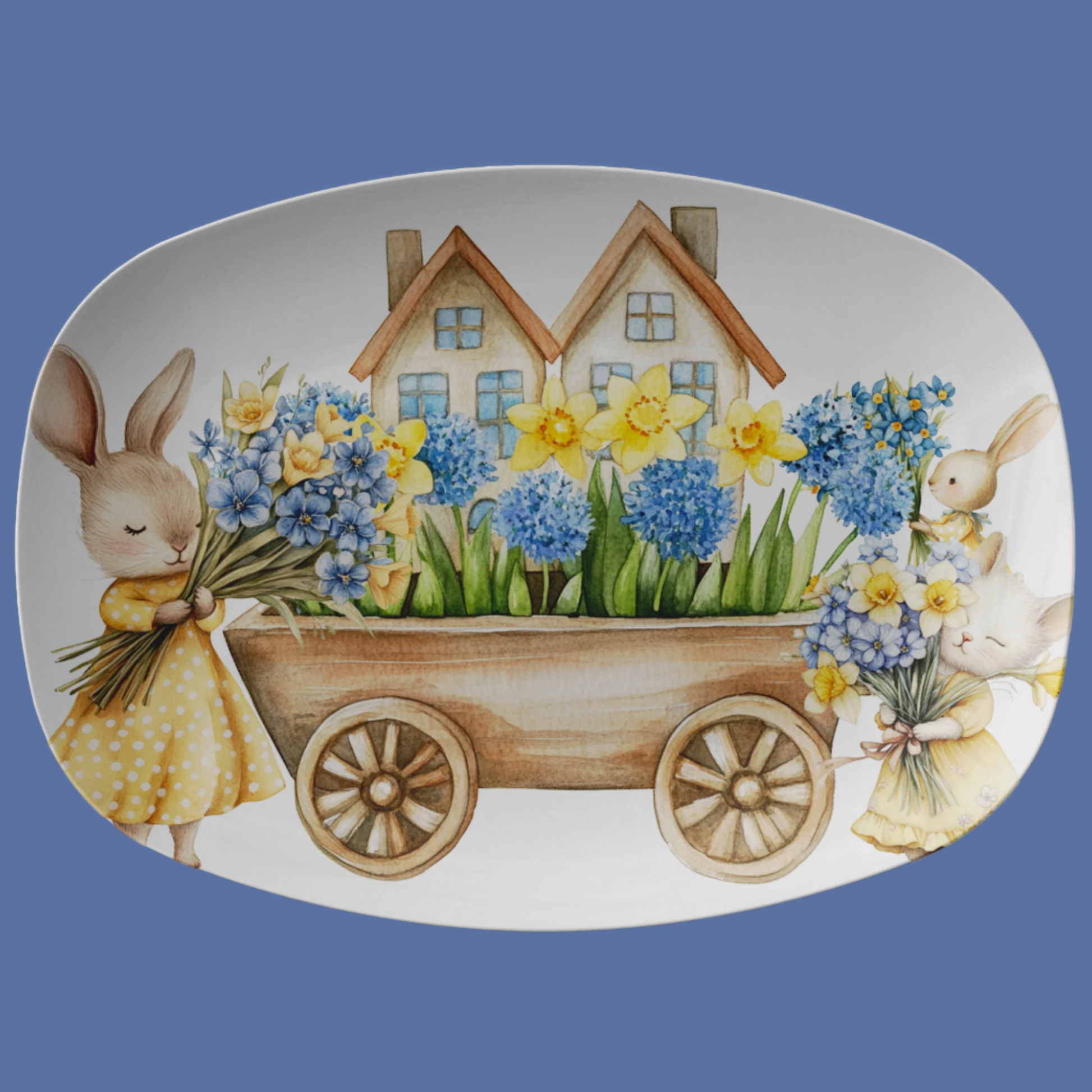 10x14 Platter, Watercolor Flowers Cute Bunnies & Cat, Cottagecore Serveware, Rustic Farmhouse Decor, Easter Tableware, Animal Lover Gift, Durable & Elegant