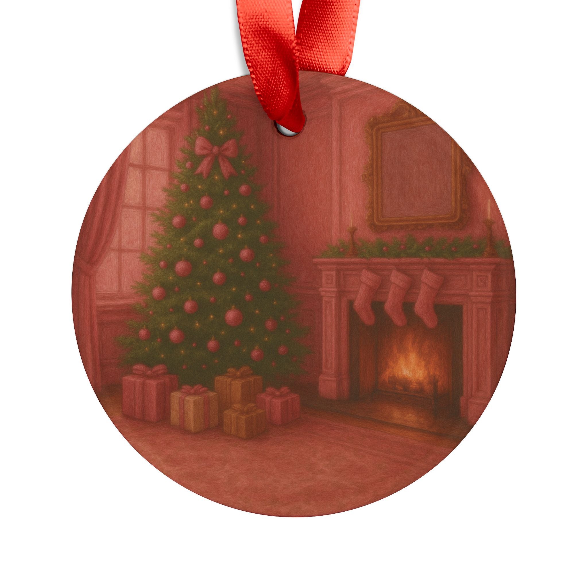 Pink Christmas Vintage Ornament Elegant Tree with Gifts Design, Glossy Finish, Acrylic 2.90x2.90 in, Includes Red Ribbon for Hanging Tree Accent Gift for Family