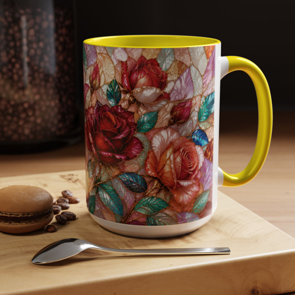 Floral Stained-Glass Accent Coffee Mug Colorful Rose Pattern (11/15 oz) Gift for Her