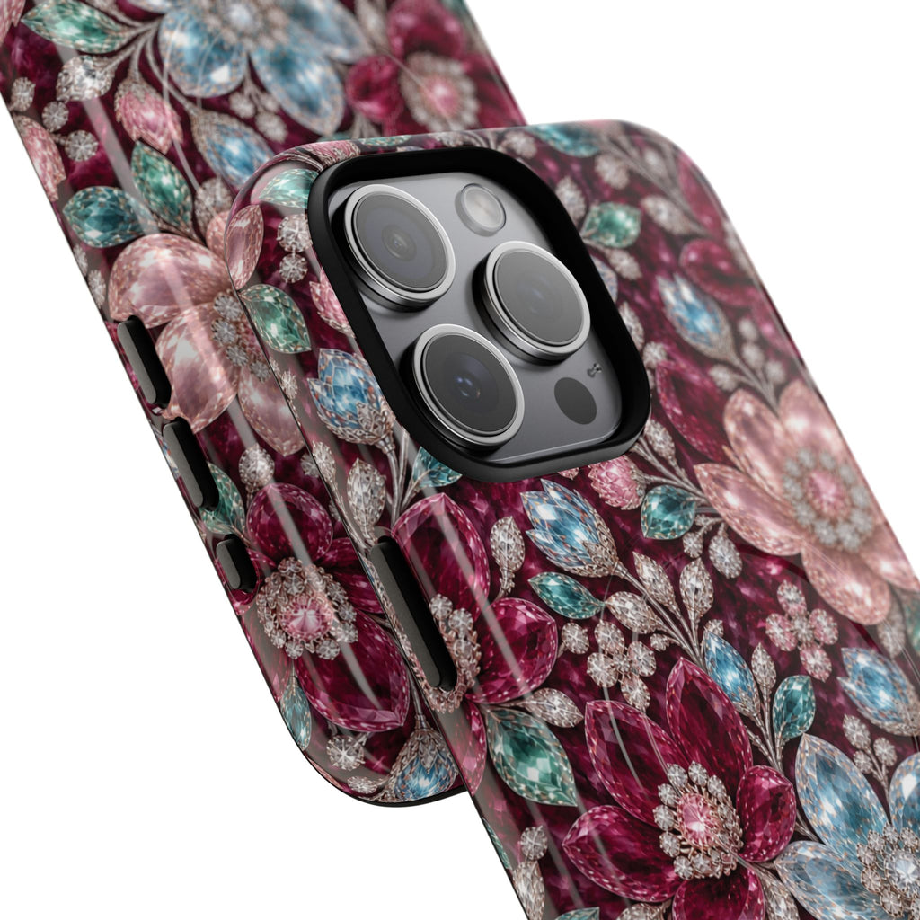 Floral faux Jewel Phone Case Sparkling Burgundy Flower Tough Magnetic Case 18 iPhone