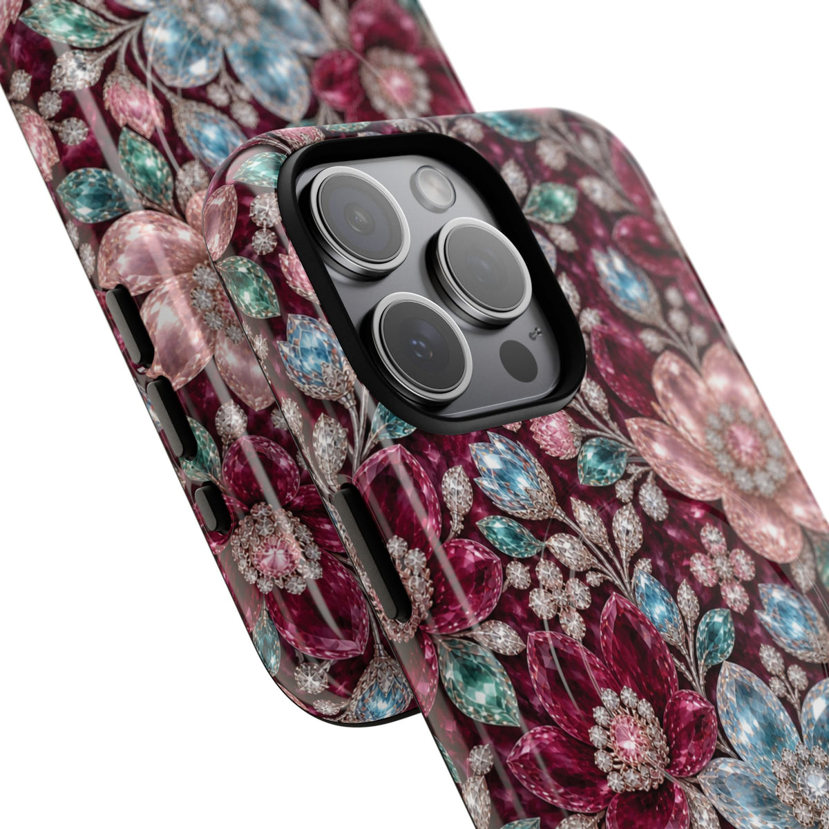 Floral faux Jewel Phone Case Sparkling Burgundy Flower Tough Magnetic Case 18 iPhone