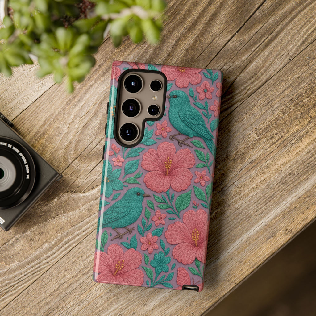 Turquoise, Pink and Lavender 3D Embroidery Illusion Phone Case Tropical Flowers, Birds & Butterflies Cover with Bold, Realistic Floral Texture iPhone, Samsung