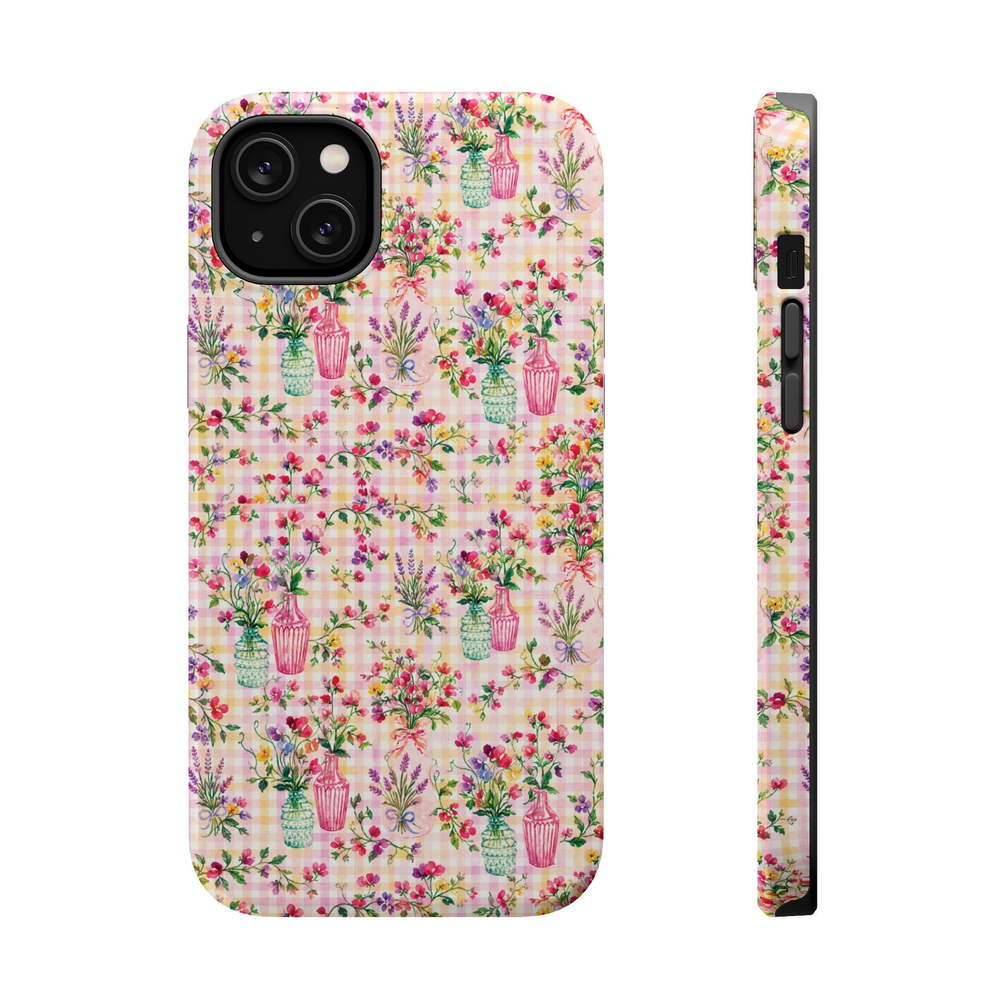 Turquoise & Pink Floral Checker Phone Case — Magnetic Impact-Resistant