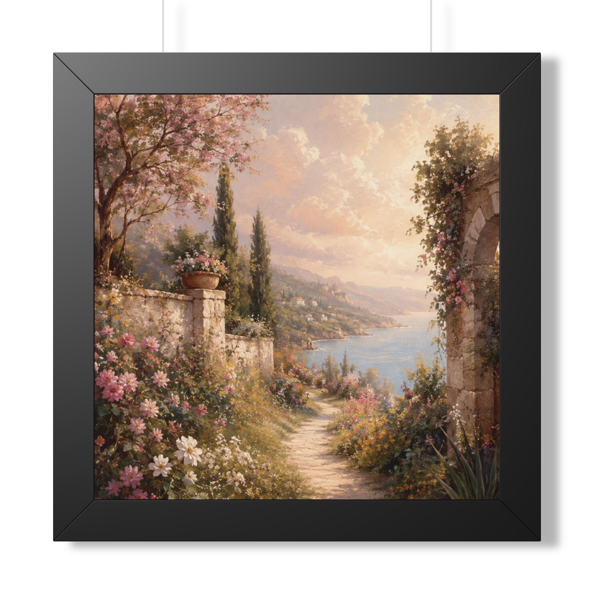 Mediterranean Garden Path Framed Vertical Poster | Coastal Landscape Wall Art