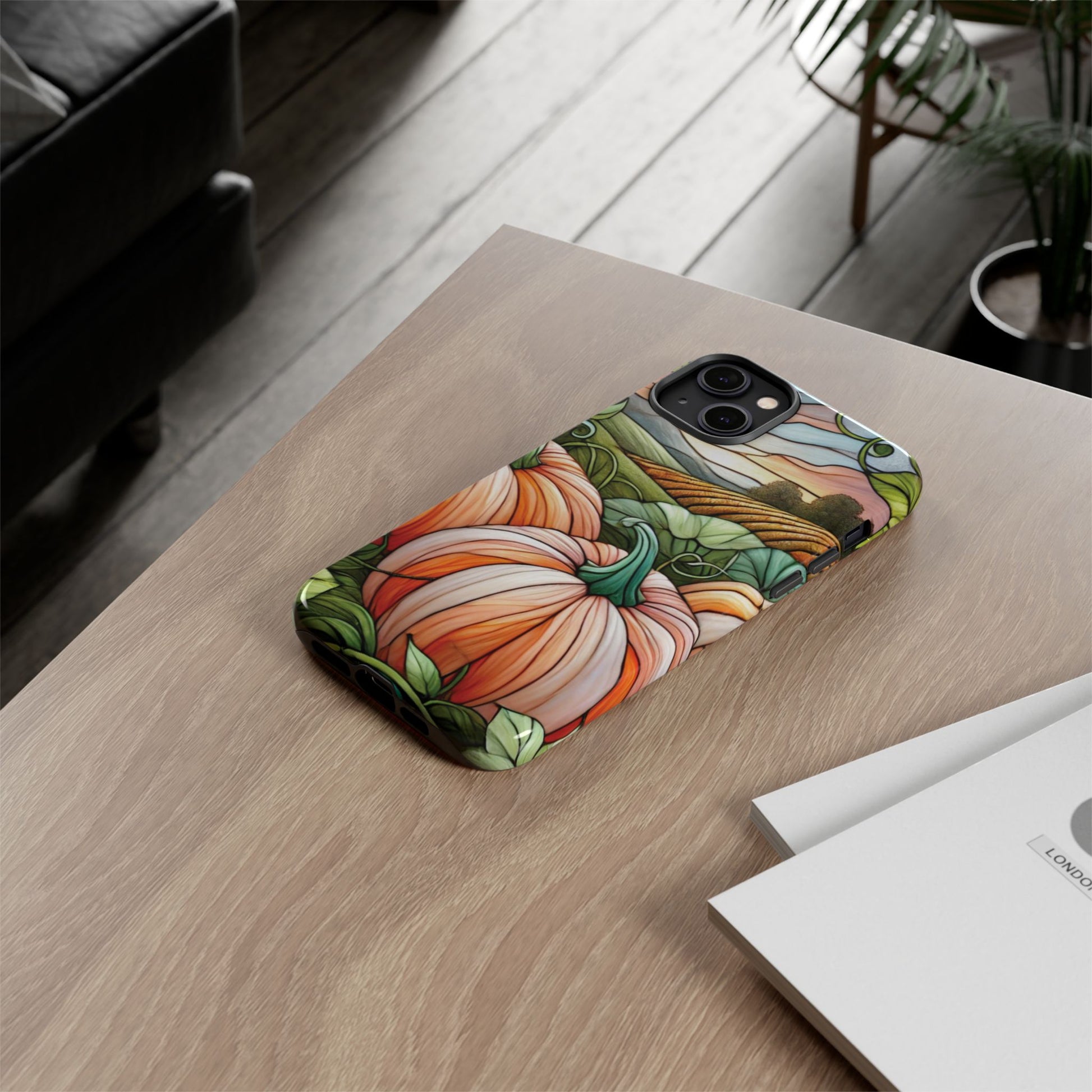 Pumpkins Phone Case Fall Faux Stained-Glass Thanksgiving Cover Pumpkin Lovers Gift for Galaxy S 24 23 22 21 Pixel 5 6 7 8 iPhone 17 , 16 15 14 13 12 Samsung iPhone Samsung Gift for Her