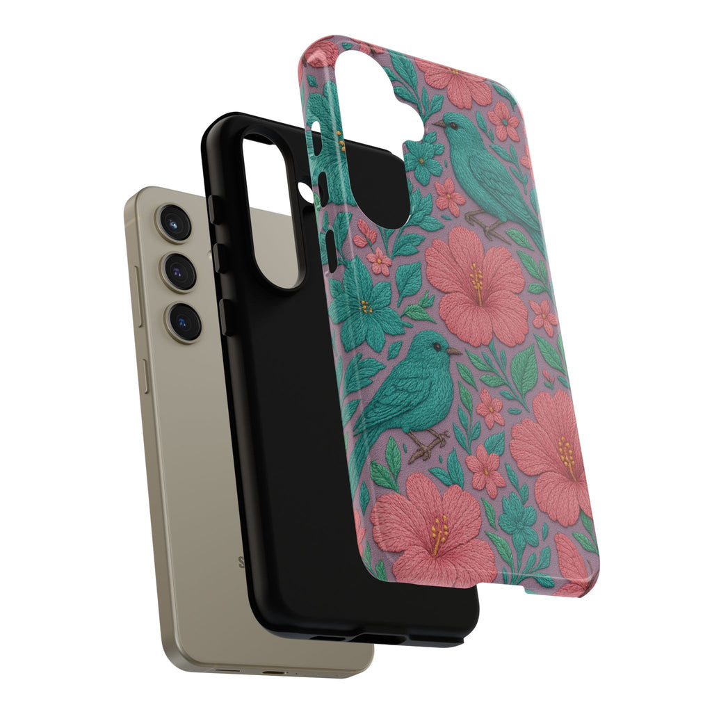 Turquoise, Pink and Lavender 3D Embroidery Illusion Phone Case Tropical Flowers, Birds & Butterflies Cover with Bold, Realistic Floral Texture iPhone, Samsung