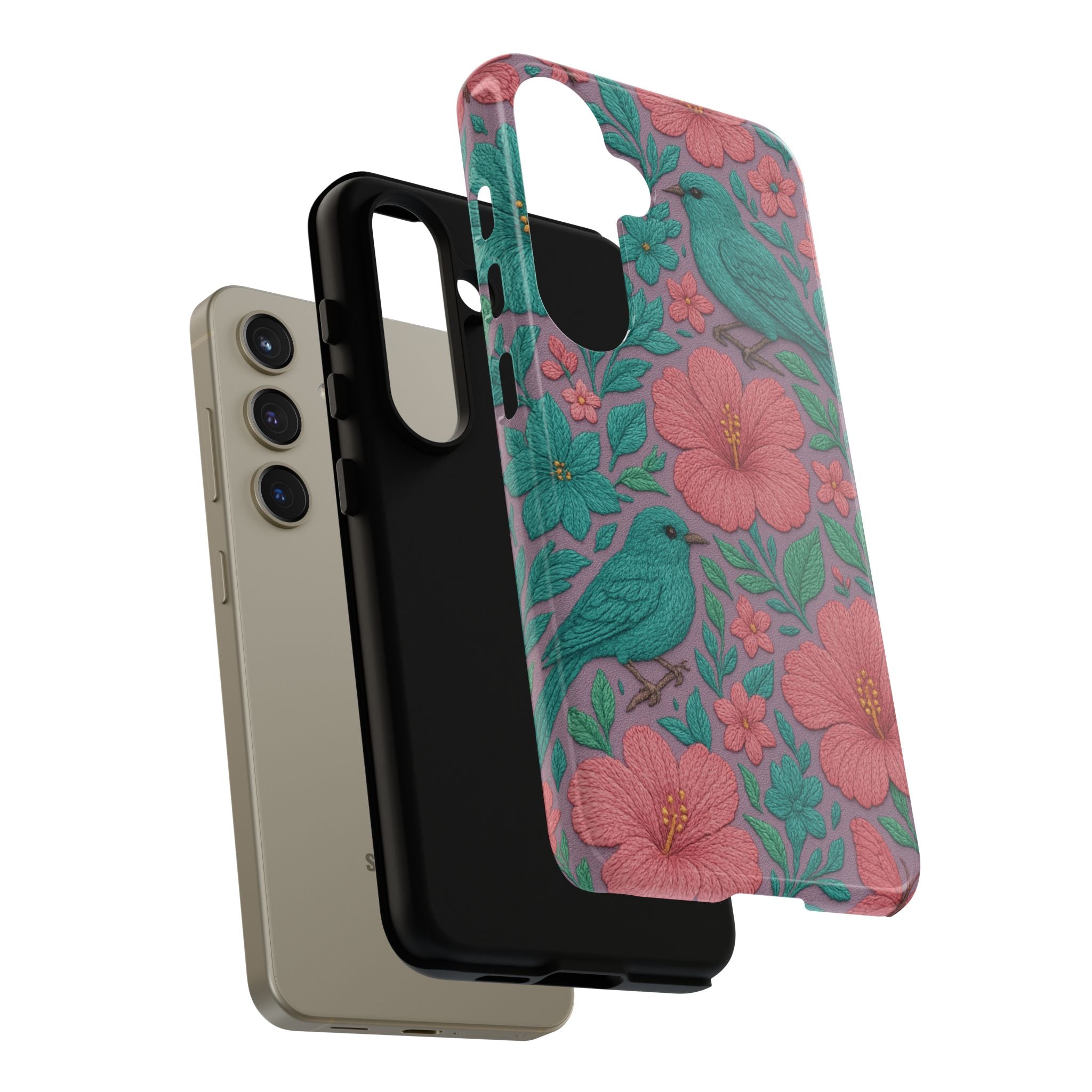 Turquoise, Pink and Lavender 3D Embroidery Illusion Phone Case Tropical Flowers, Birds & Butterflies Cover with Bold, Realistic Floral Texture iPhone, Samsung