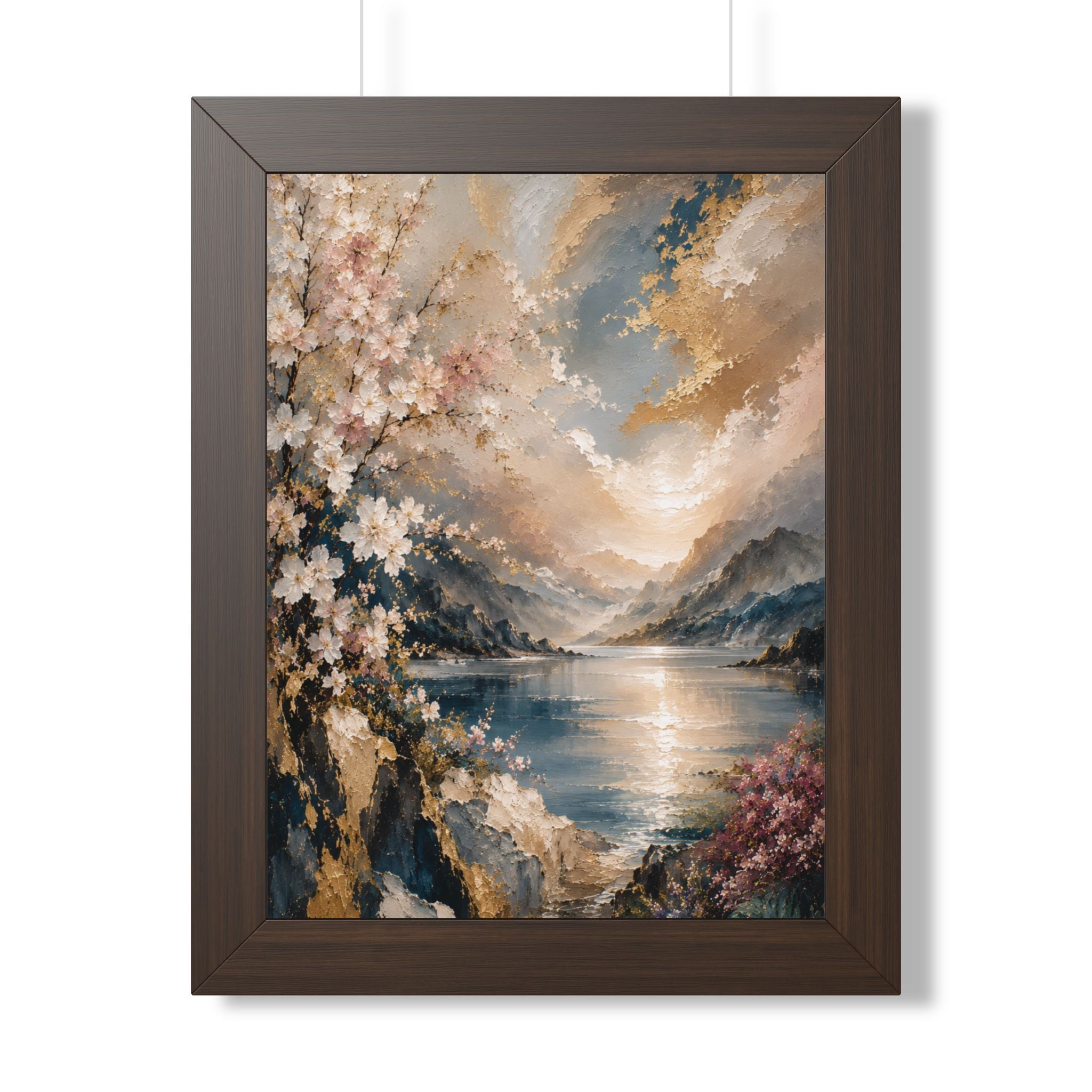 Sunlit Mountain Lake framed vertical poster | floral shoreline landscape