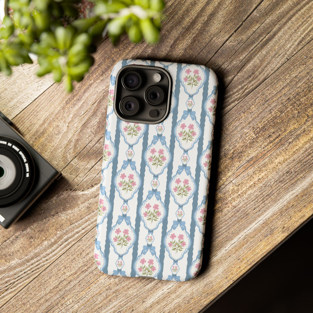 Coque de téléphone Vintage Nœud Bleu et Rose — Motif floral romantique « Tough Cases »