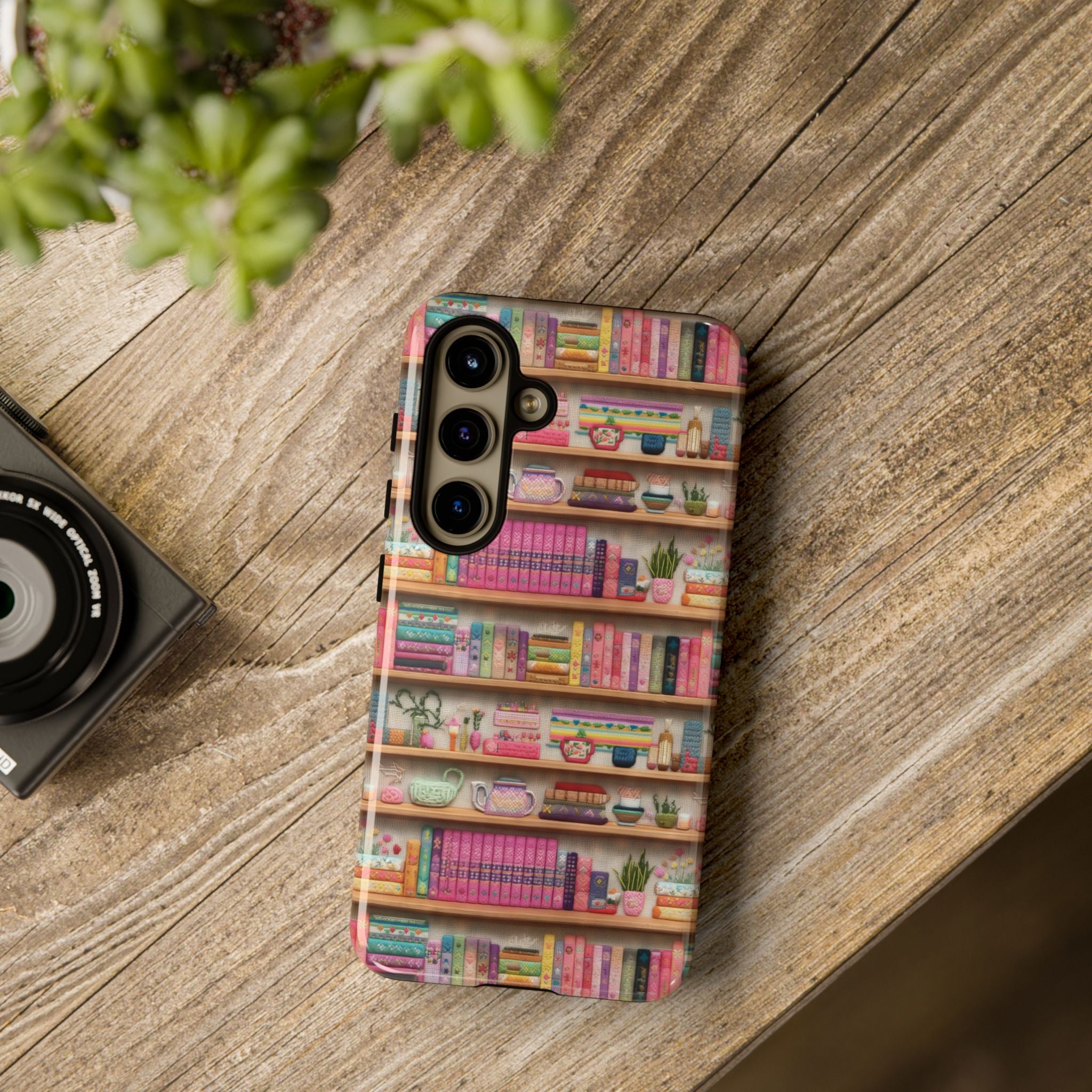 Whimsical 3D Embroidery Illusion Books on Pastel Shelves Phone Case for iPhone, Samsung & Pixel: Unique Accessory for Literary Enthusiasts Gift for Her Perfect for Floral Lover