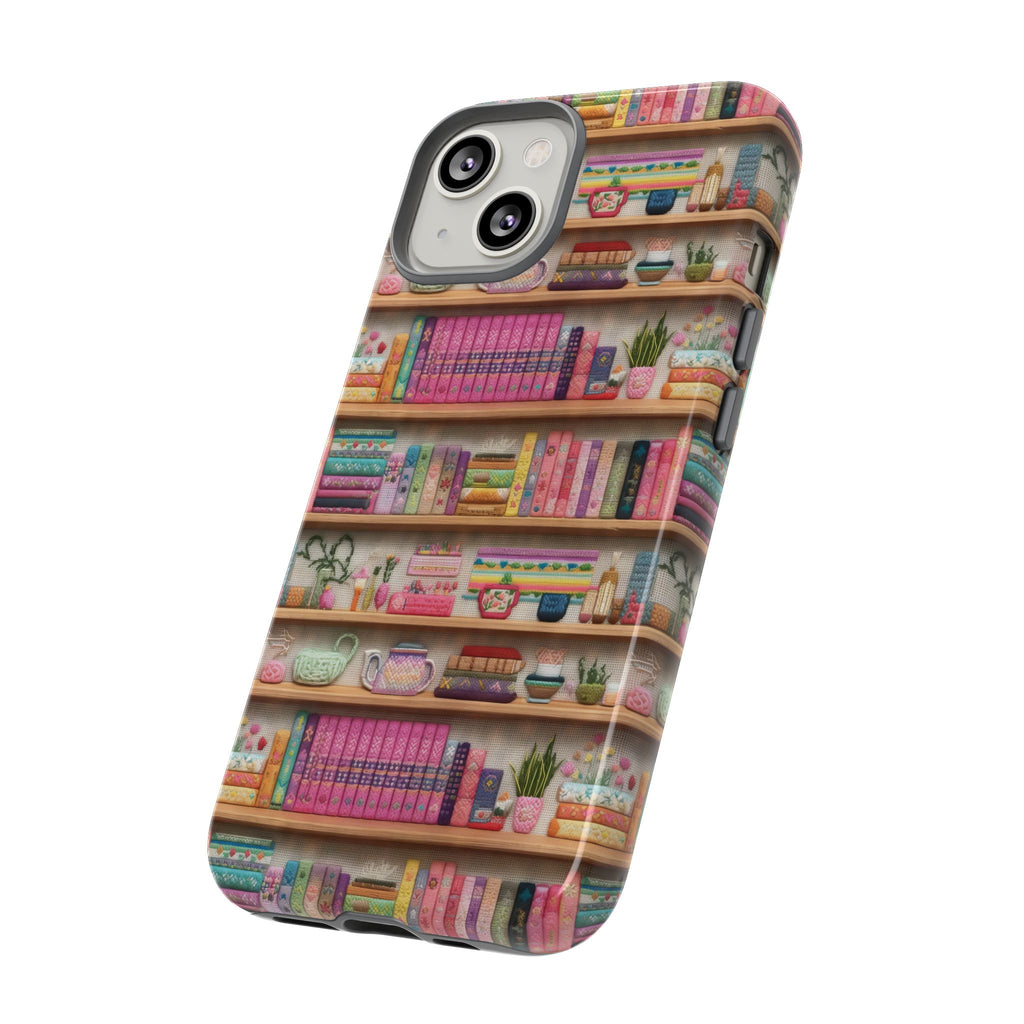 Whimsical 3D Embroidery Illusion Books on Pastel Shelves Phone Case for iPhone, Samsung & Pixel: Unique Accessory for Literary Enthusiasts Gift for Her Perfect for Floral Lover