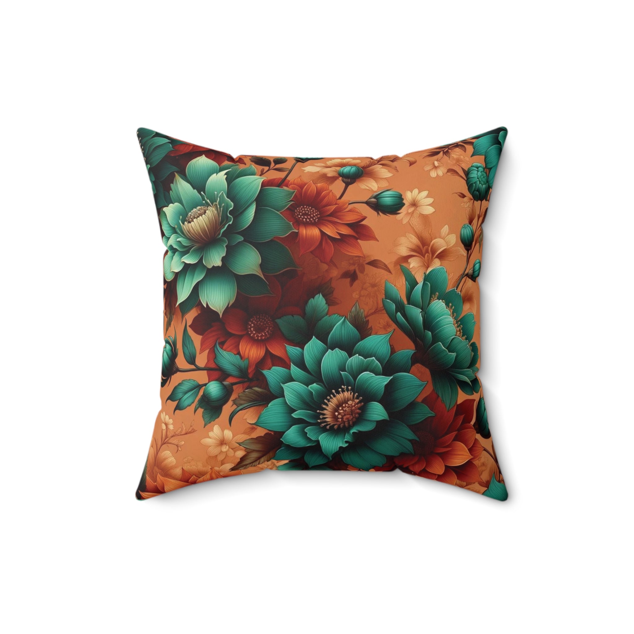 Aqua and Burnt Orange Floral Bliss Luxurious Chenille Decorative Pillow Living Room Comfort for Bedroom or Housewarming Gift New House, Bridal Shower Gift - MRSBYVALLE