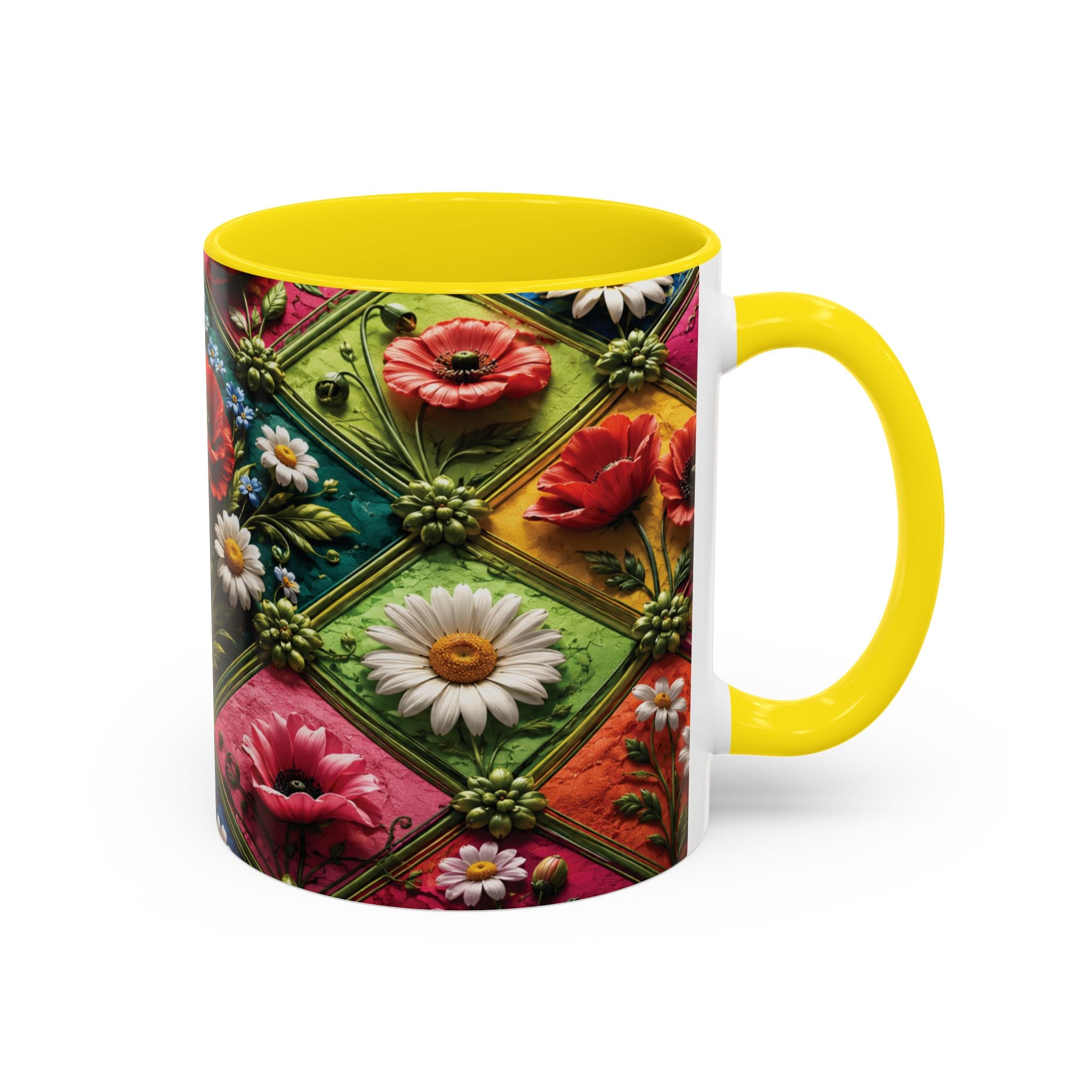 Floral Patchwork Accent Coffee Mug — Colorful Poppies & Daisies (11/15oz) 3D Illusion