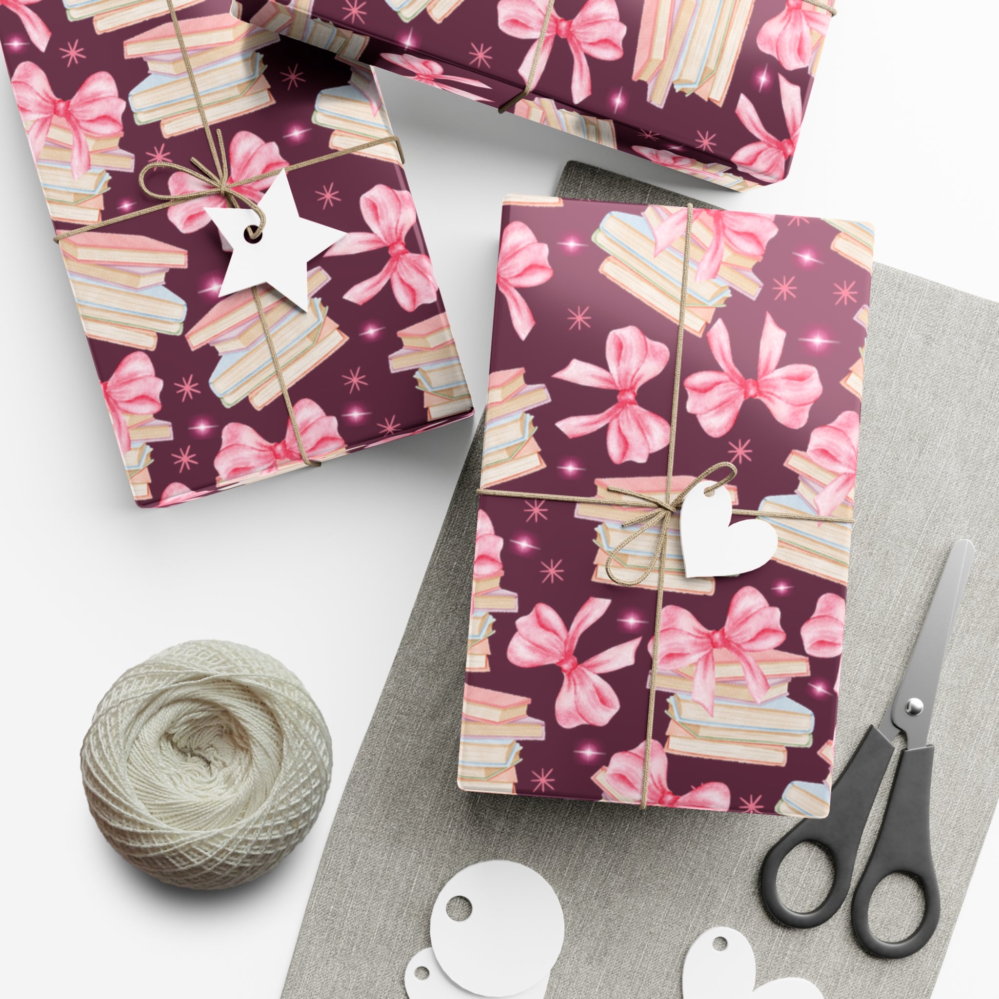 Coquette Pink Bows Books Plum Wrapping Paper Festive Holiday Gift Wrap with Perfect for Christmas Presents, Crafting, & Holiday Decor – Premium Quality - MRSBYVALLE
