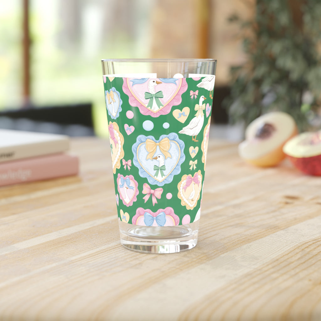 Green Silly Goose Pint Glass with Pastel Bows & Hearts – Charming Glassware