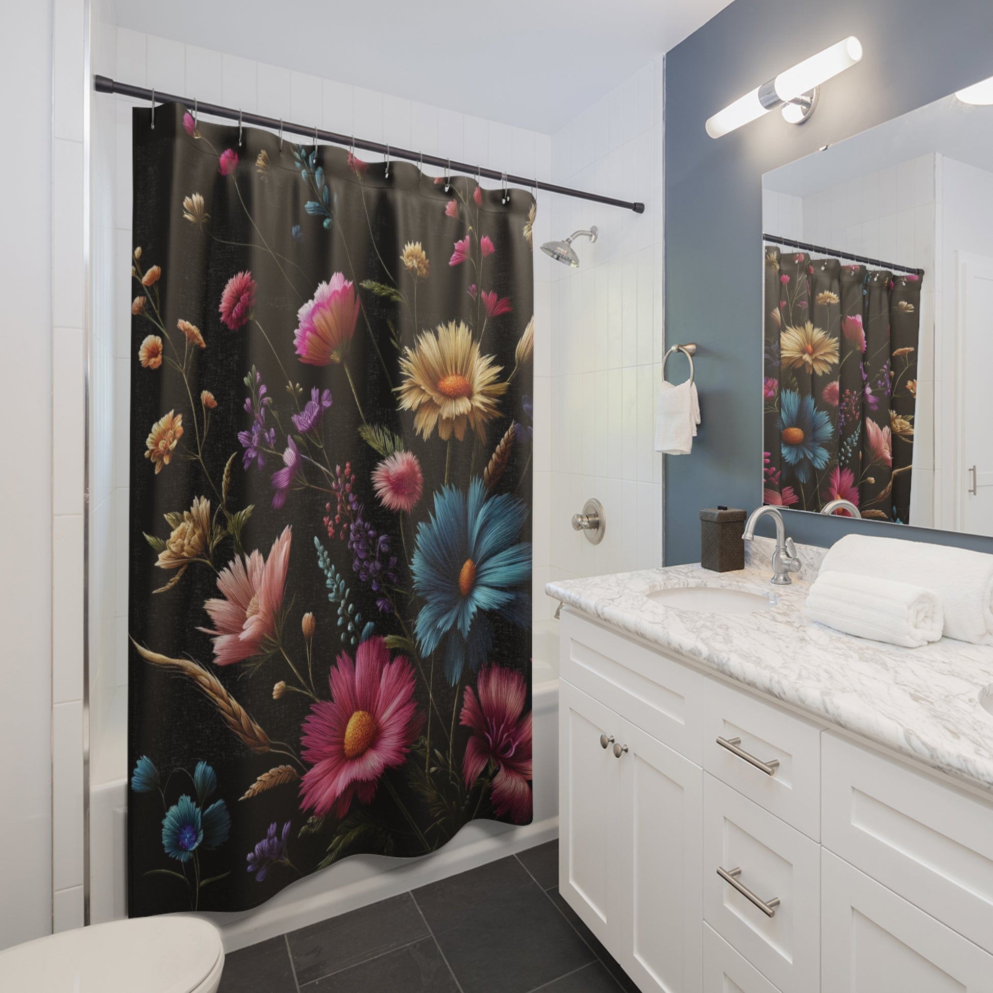 Black Cottage Core New House Shower Curtain Meadow Blooms Luxurious Bathroom Decor, Ideal Housewarming Wedding Gift for Mom Bridal Shower Gift Newlywed.