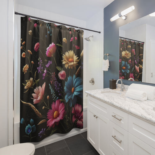 Black Cottage Core New House Shower Curtain Meadow Blooms Luxurious Bathroom Decor, Ideal Housewarming Wedding Gift for Mom Bridal Shower Gift Newlywed.