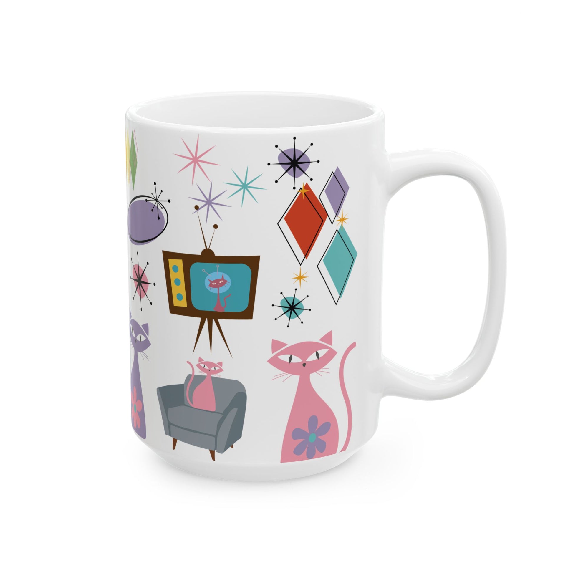 Retro Atomic Cat Mug,  Mid Century Modern Coffee Cup, Vintage Kitty Design , 11oz & 15oz Ceramic Mug for Cat Lovers Gift for Mom and Coffee Lover
