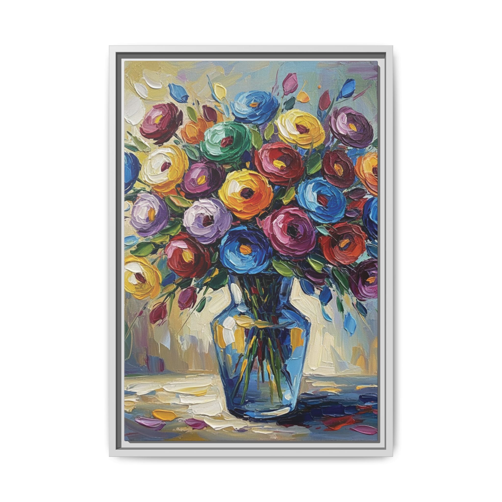 Impression sur toile bouquet floral aquarelle - Tableau mural encadré mat - Illusion de peinture à l'huile vibrante