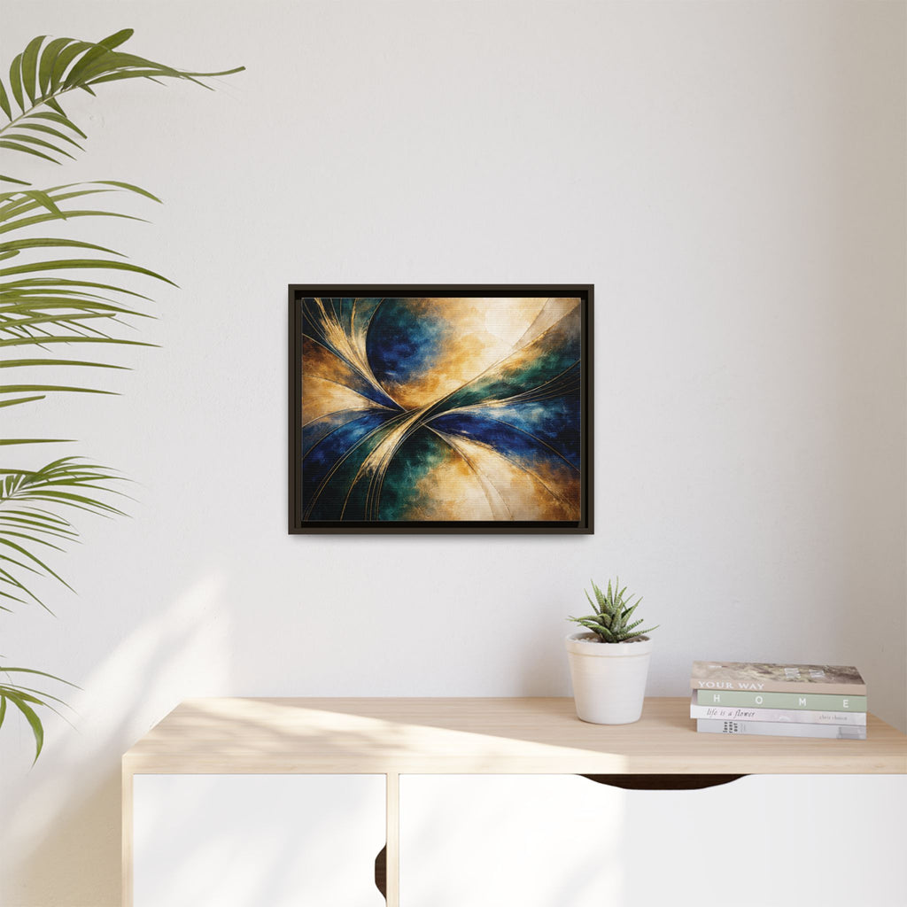 Gilded Convergence  Luxe NeoDeco Blue & Gold Abstract Wall Art Framed