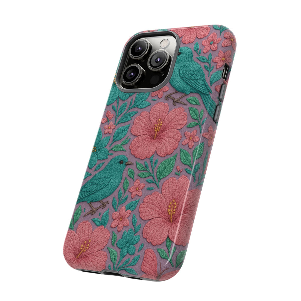 Turquoise, Pink and Lavender 3D Embroidery Illusion Phone Case Tropical Flowers, Birds & Butterflies Cover with Bold, Realistic Floral Texture iPhone, Samsung