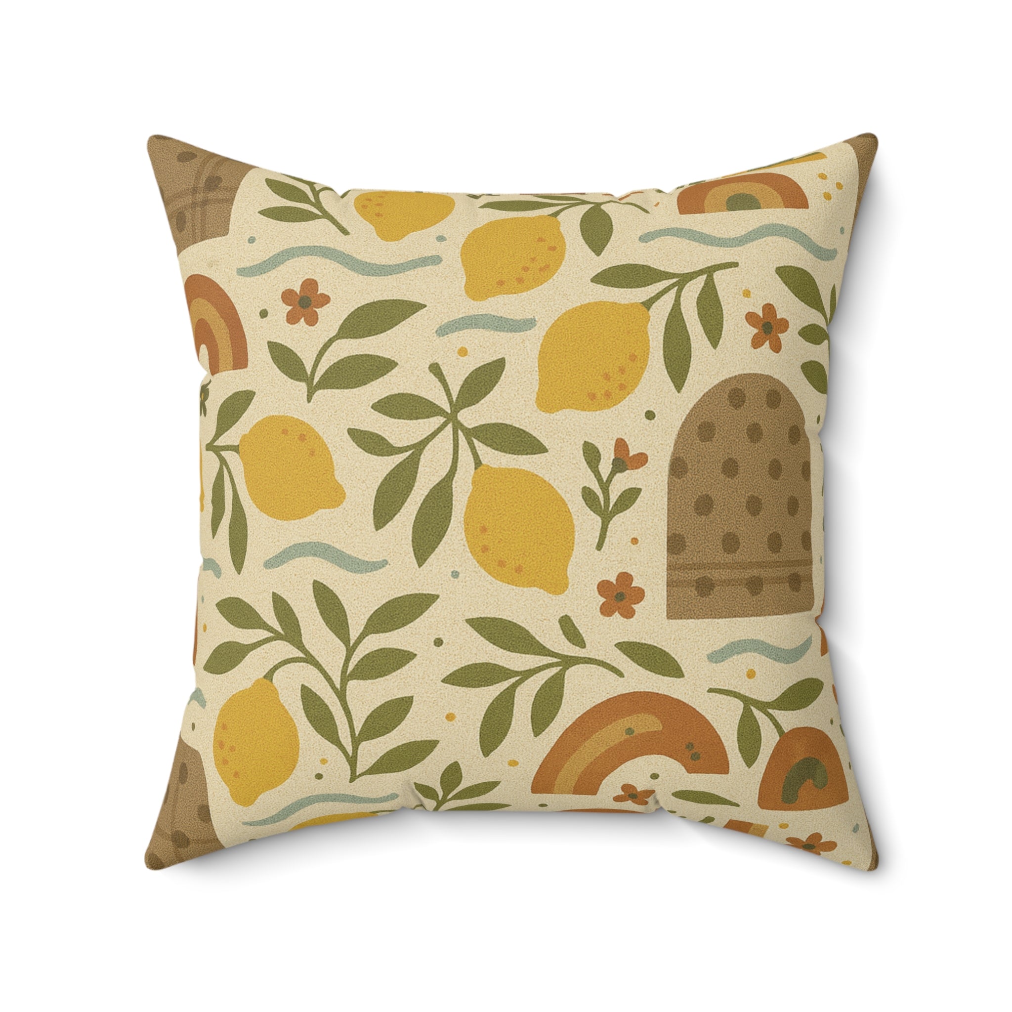 Boho Lemon Square Pillow  Decorative Throw Pillow with Yellow Lemons, Olive Branches & Floral Accents, Cozy Polyester Cover, Double-Sided Print, Zippered Bedroom, or Reading Nook