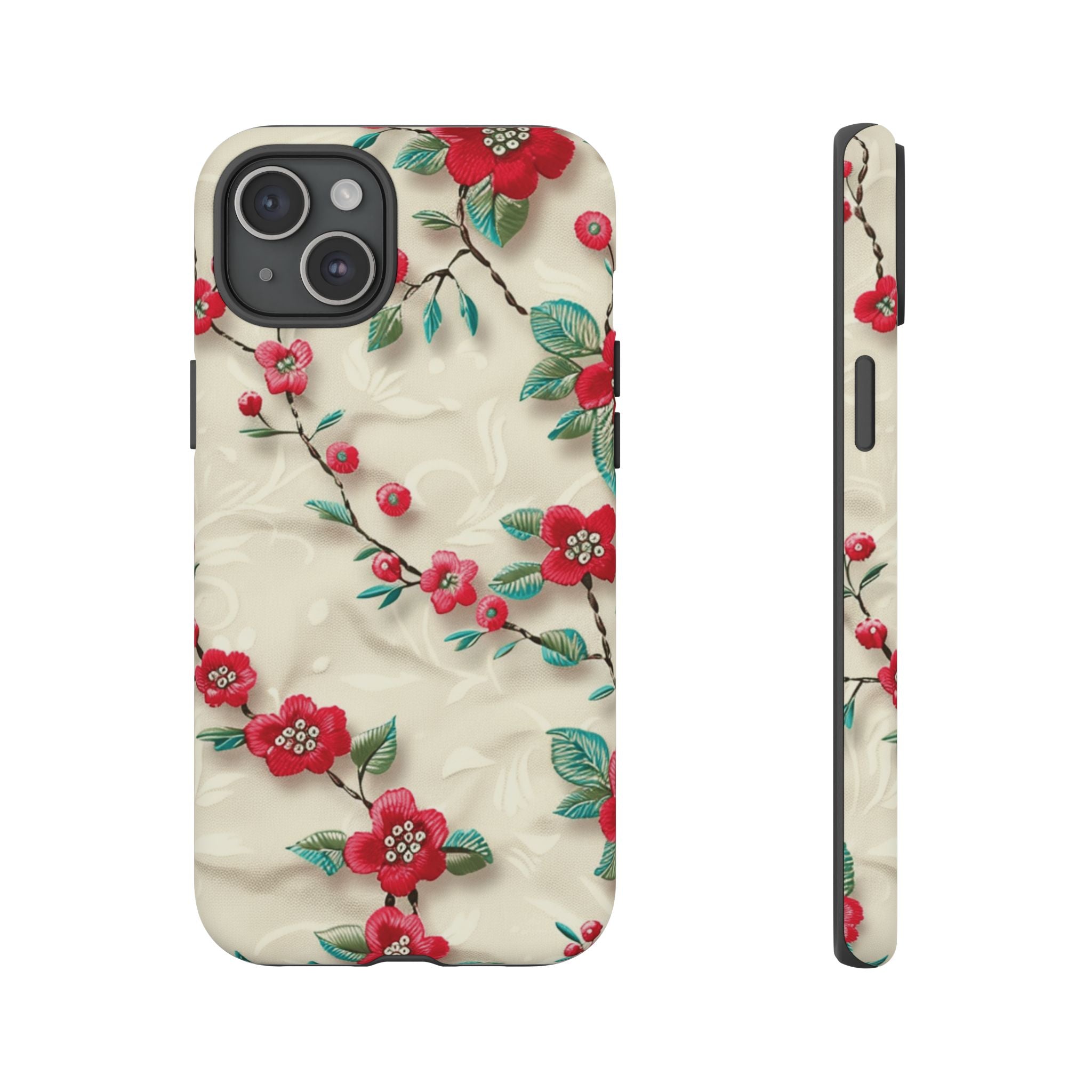 3D Embroidery Illusion Red Flowers Phone Case for iPhone, Samsung Pixel Artistic Floral Protection 15 14 13 12, 21 23 Gift for Her Perfect for Floral Lover