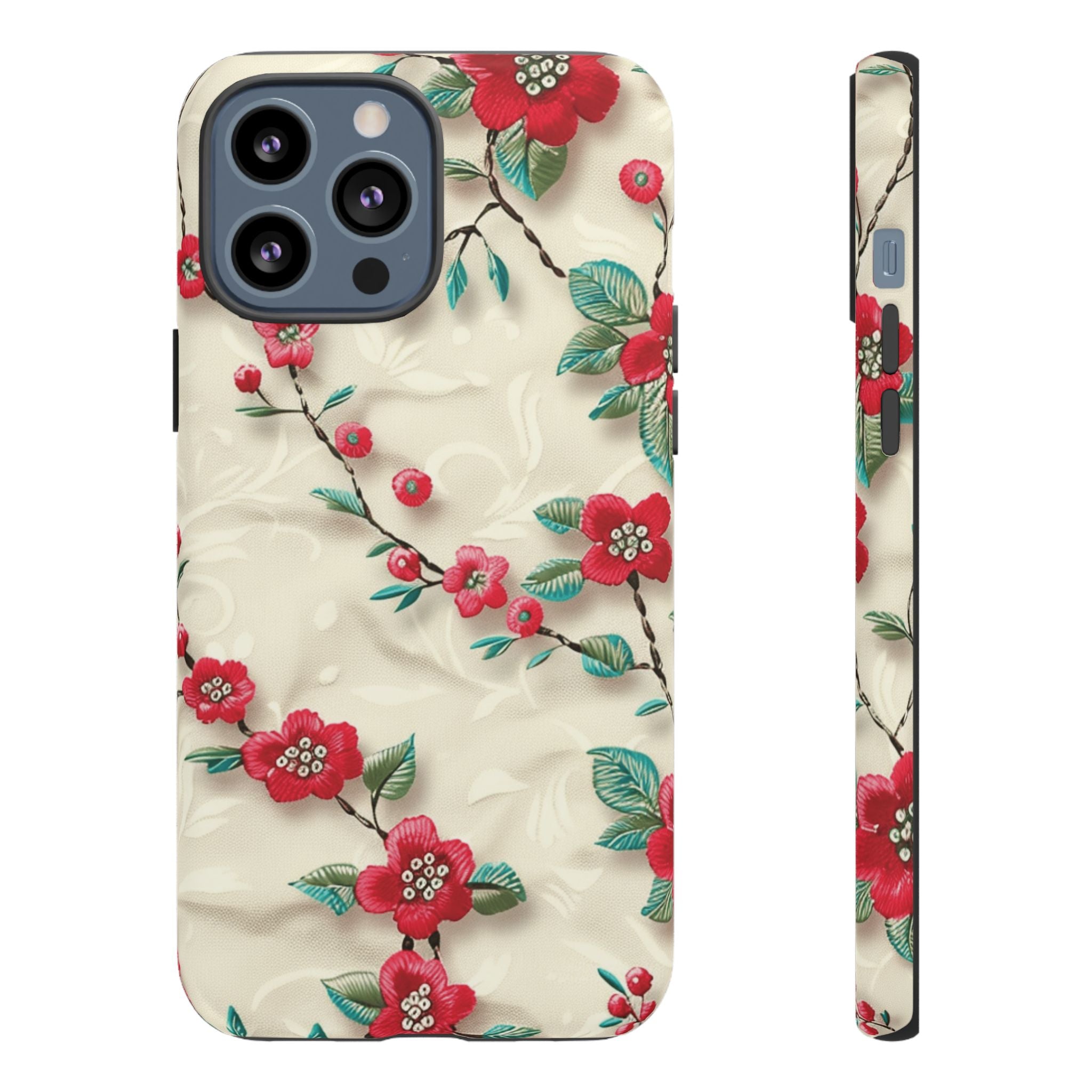 3D Embroidery Illusion Red Flowers Phone Case for iPhone, Samsung Pixel Artistic Floral Protection 15 14 13 12, 21 23 Gift for Her Perfect for Floral Lover