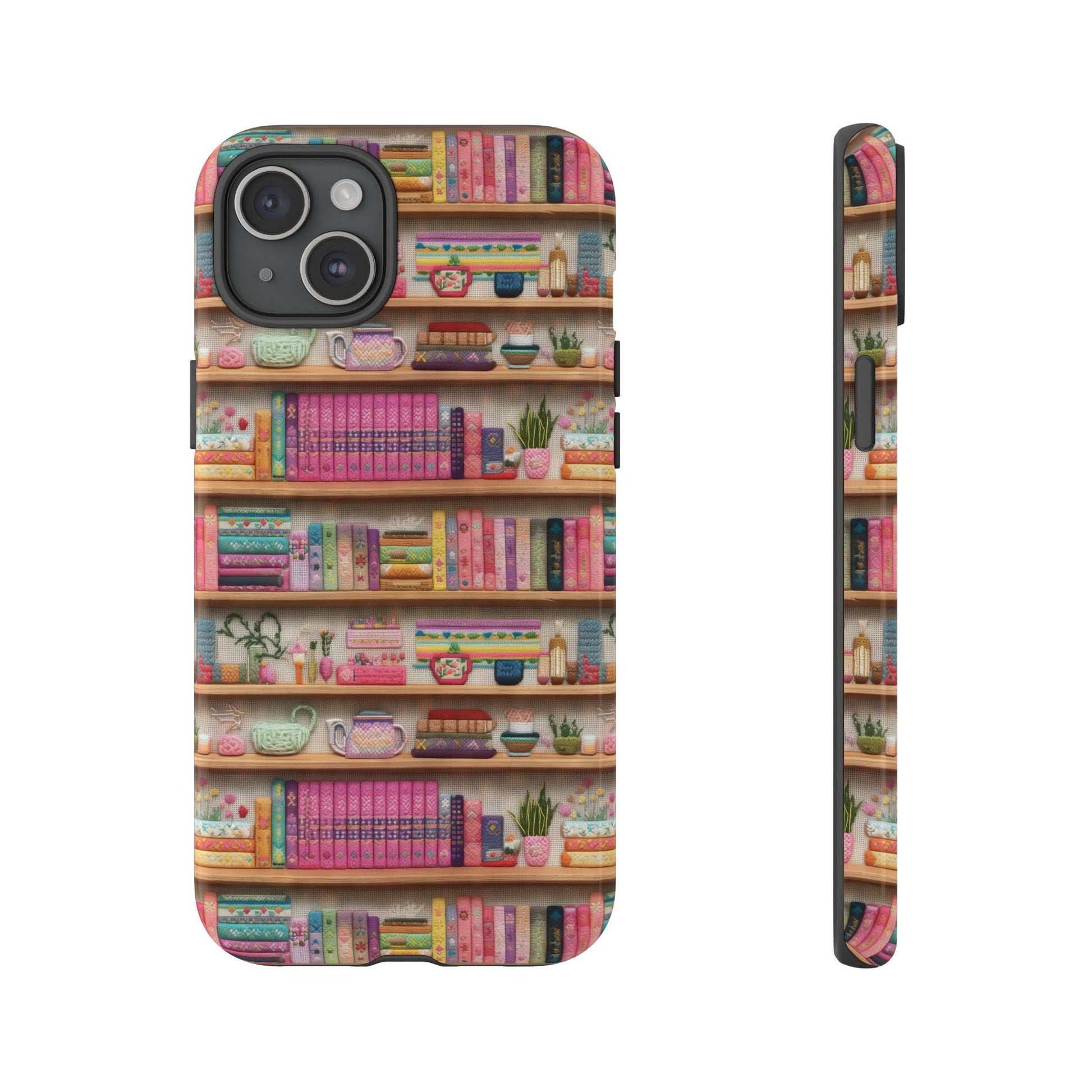 Whimsical 3D Embroidery Illusion Books on Pastel Shelves Phone Case for iPhone, Samsung & Pixel: Unique Accessory for Literary Enthusiasts Gift for Her Perfect for Floral Lover